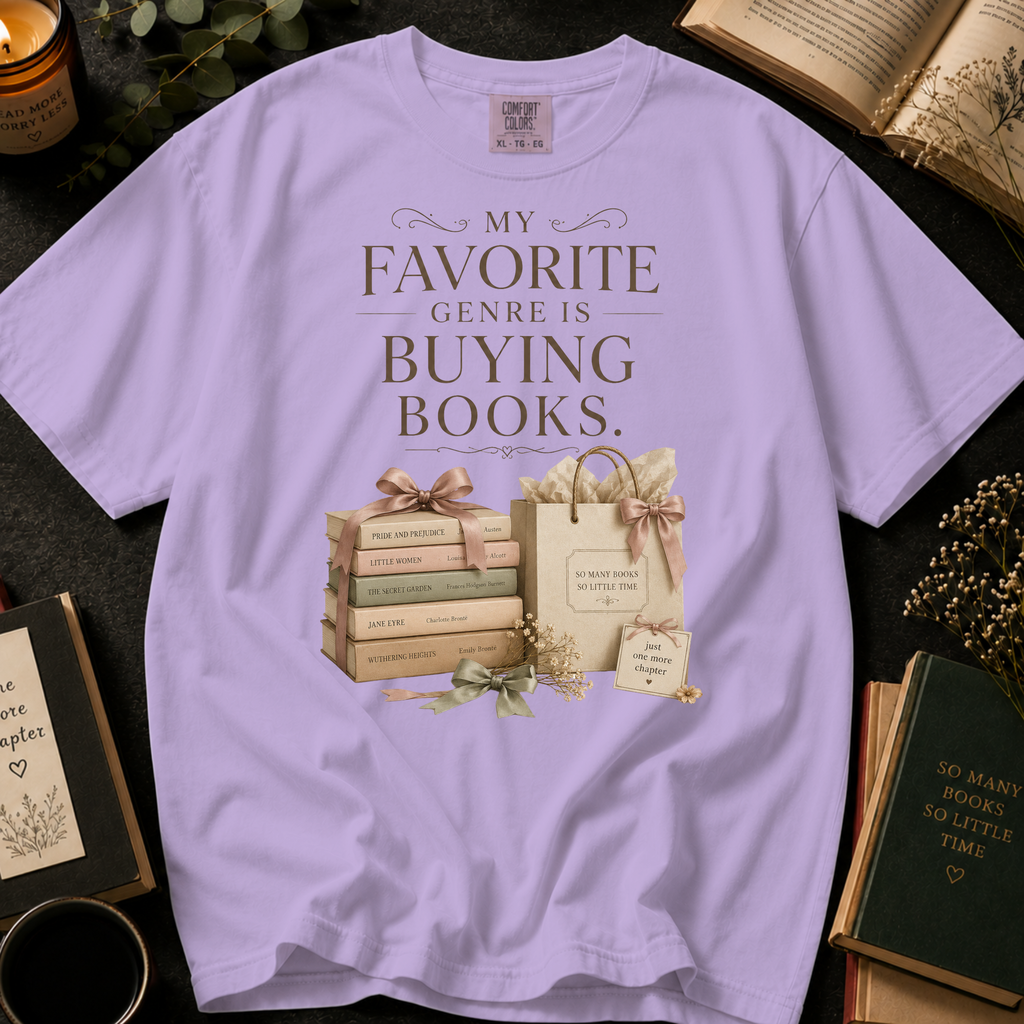 My Favorite Genre Is Buying Books T-Shirt: Classic Book Stack and Gift Bag in Orchid - Comfort Colors® T-Shirt