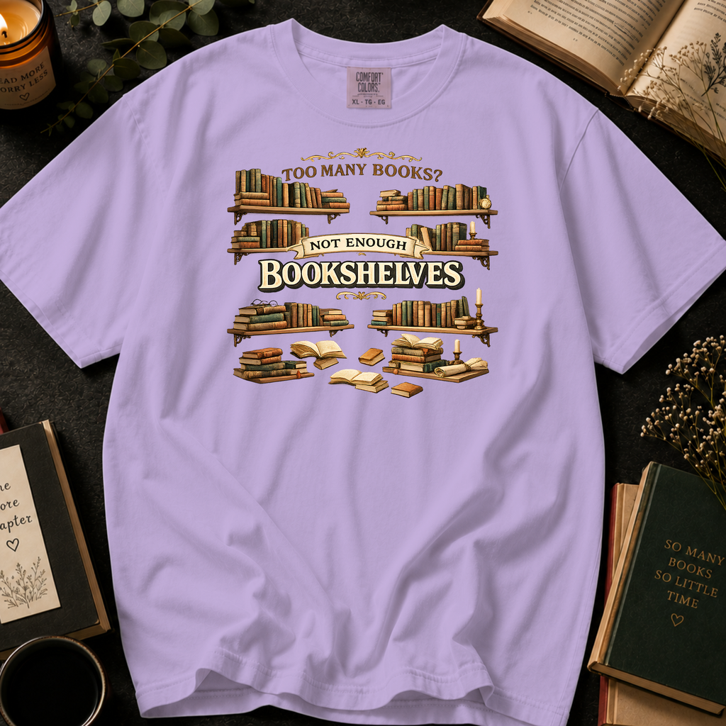 Too Many Books? Not Enough Bookshelves T-Shirt: Vintage Library in Orchid - Comfort Colors® T-Shirt