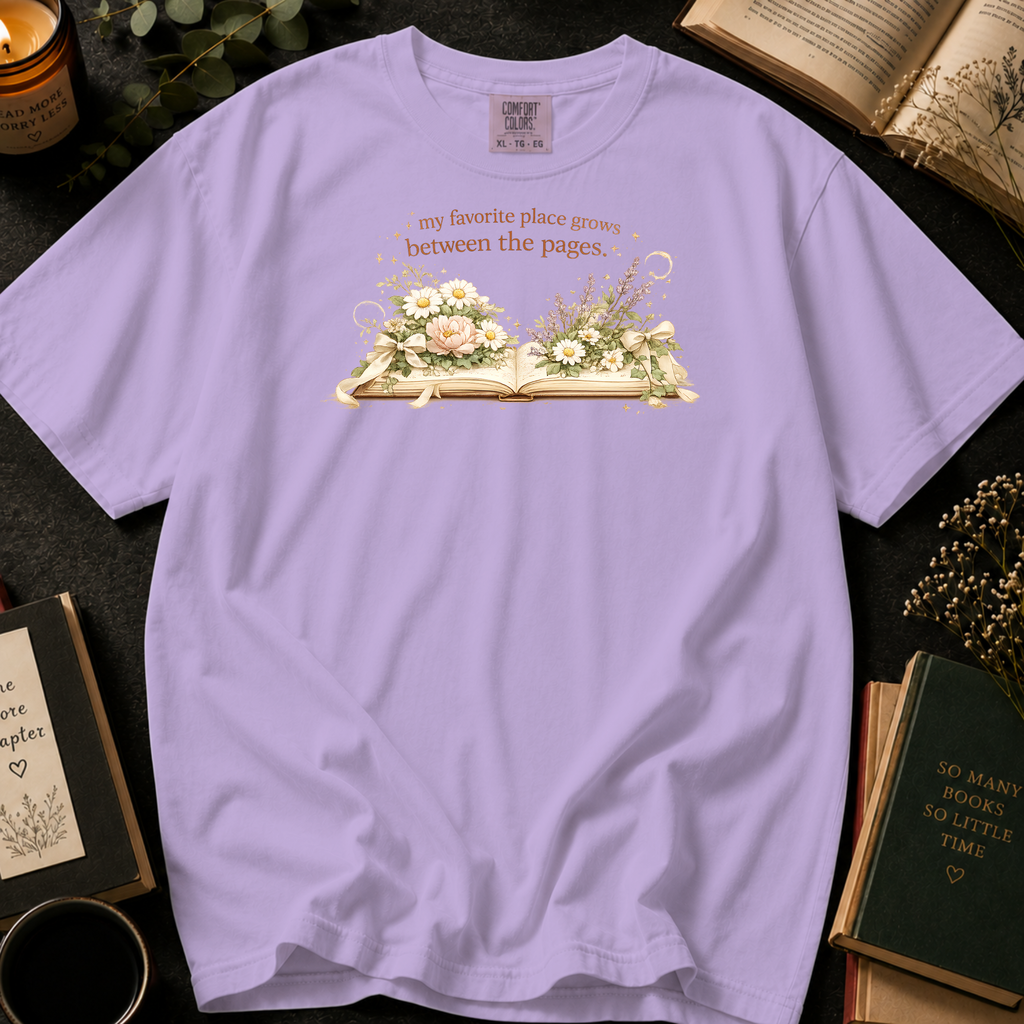 My Favorite Place Grows Between the Pages T-Shirt: Floral Open Book in Orchid - Comfort Colors® T-Shirt