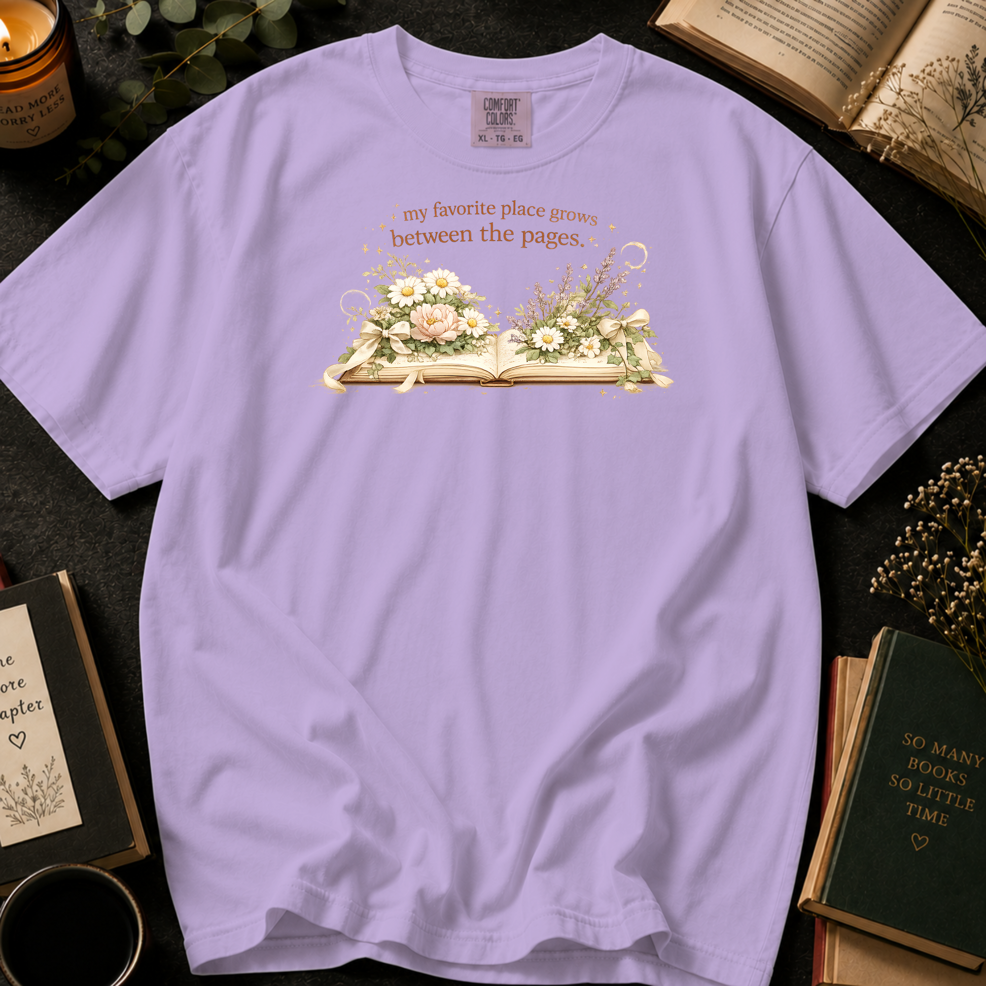 My Favorite Place Grows Between the Pages T-Shirt: Floral Open Book in Orchid - Comfort Colors® T-Shirt