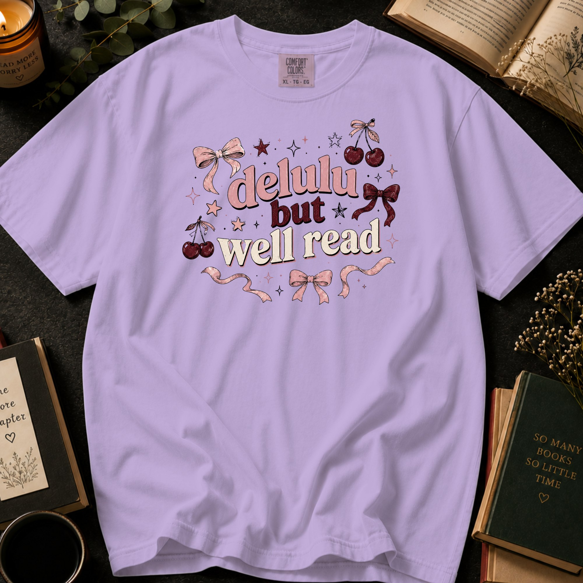 Delulu But Well Read T-Shirt: Retro Cherry and Bow in Orchid - Comfort Colors® T-Shirt