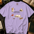 Coffee Icy, Books Spicy T-Shirt: Cinnamon and Chili in Orchid - Comfort Colors® T-Shirt