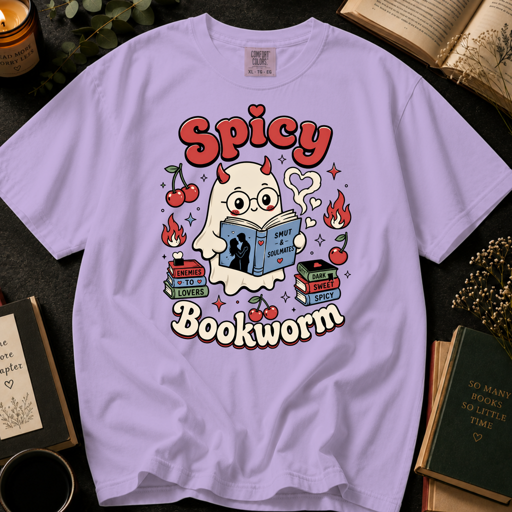 Spicy Bookworm T-Shirt: Cute Devil Ghost Reading in Orchid - Comfort Colors® T-Shirt