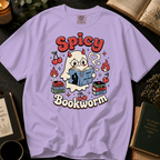 Spicy Bookworm T-Shirt: Cute Devil Ghost Reading in Orchid - Comfort Colors® T-Shirt