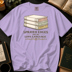 Sprayed Edges Are My Love Language T-Shirt: Vintage Book Stack in Orchid - Comfort Colors® T-Shirt