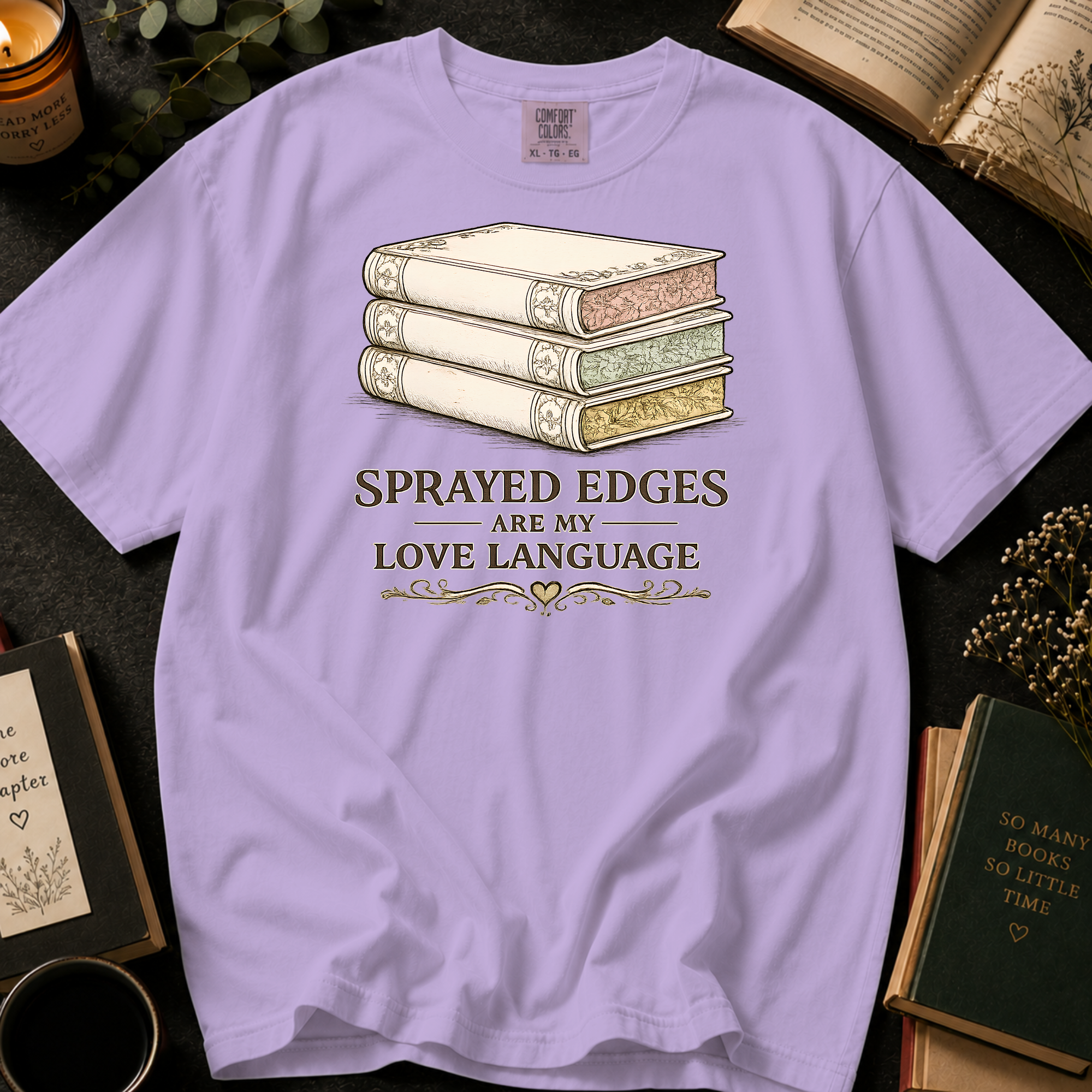 Sprayed Edges Are My Love Language T-Shirt: Vintage Book Stack in Orchid - Comfort Colors® T-Shirt