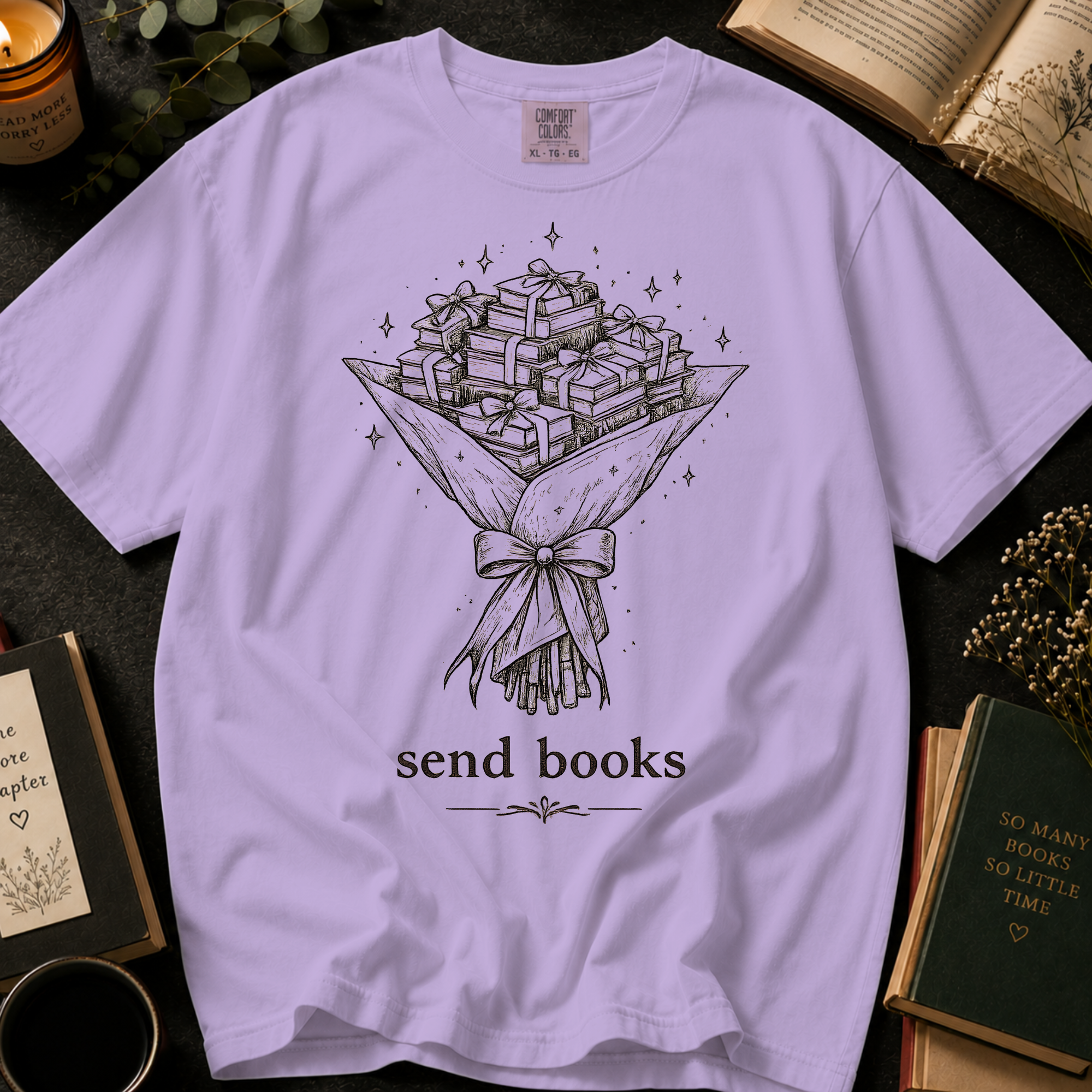 Send Books T-Shirt: Book Bouquet Sketch in Orchid - Comfort Colors® T-Shirt