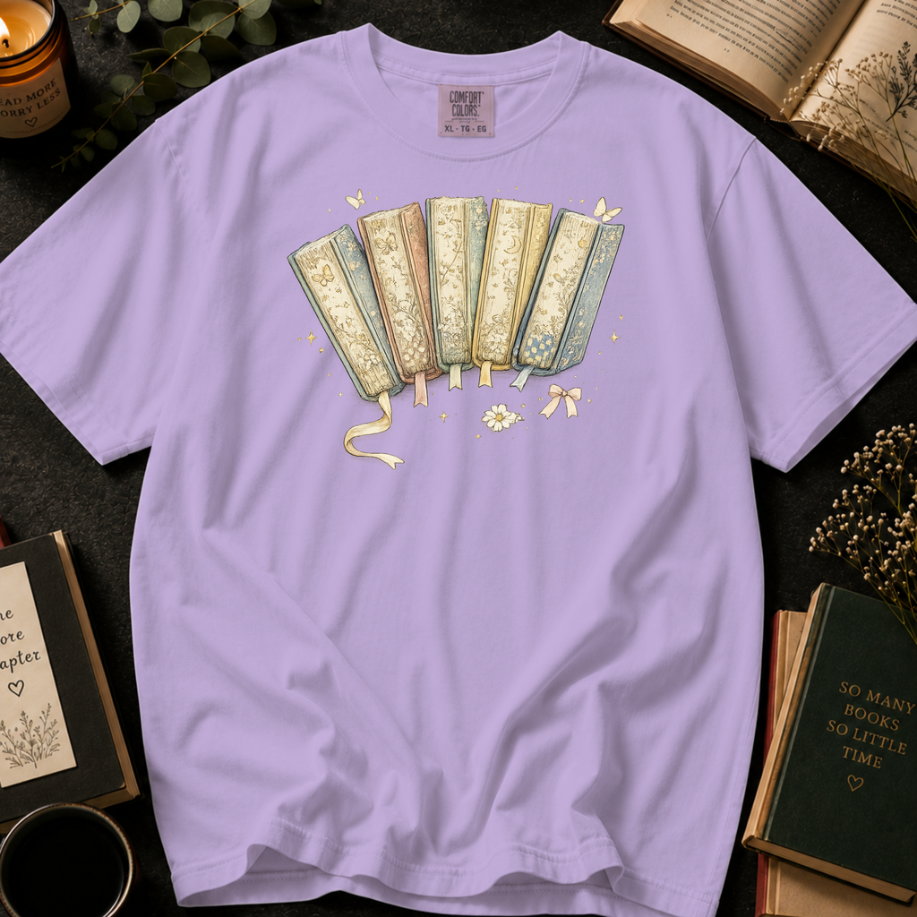 Vintage Floral Book Spines T-Shirt: Storybook Fan in Orchid - Comfort Colors® T-Shirt