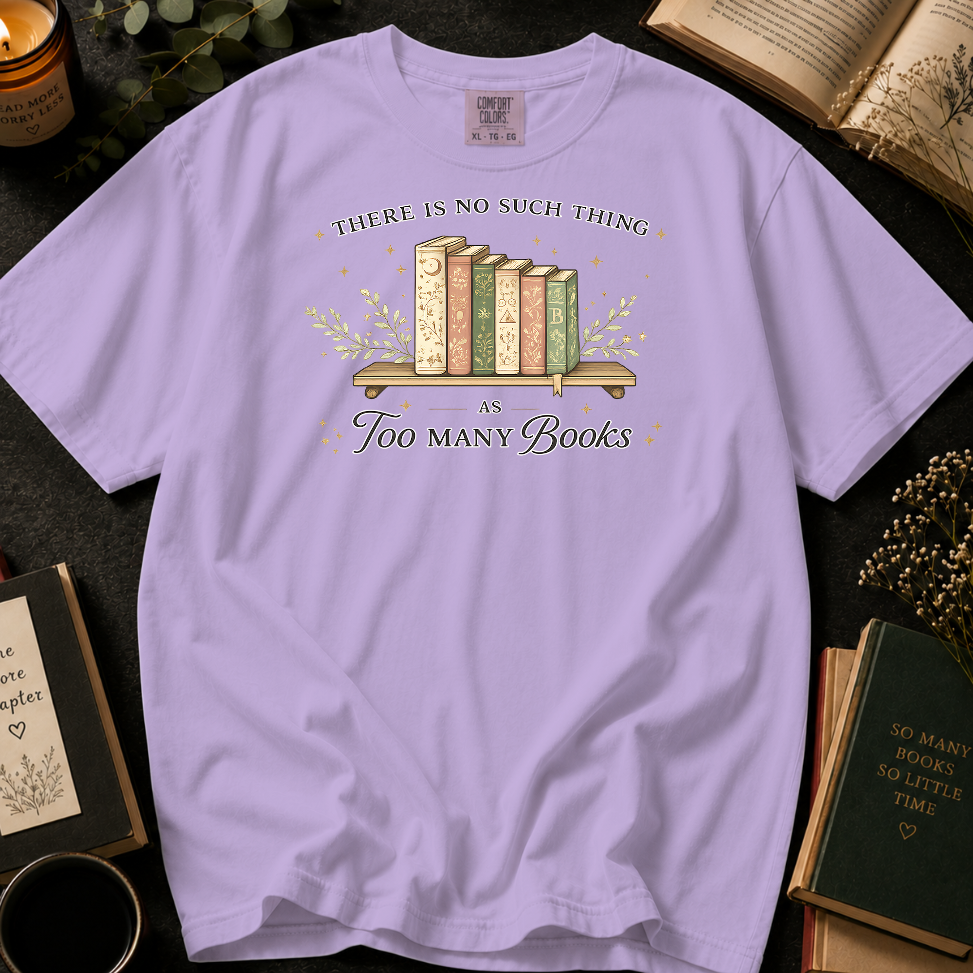 There Is No Such Thing As Too Many Books T-Shirt: Vintage Bookshelf in Orchid - Comfort Colors® T-Shirt