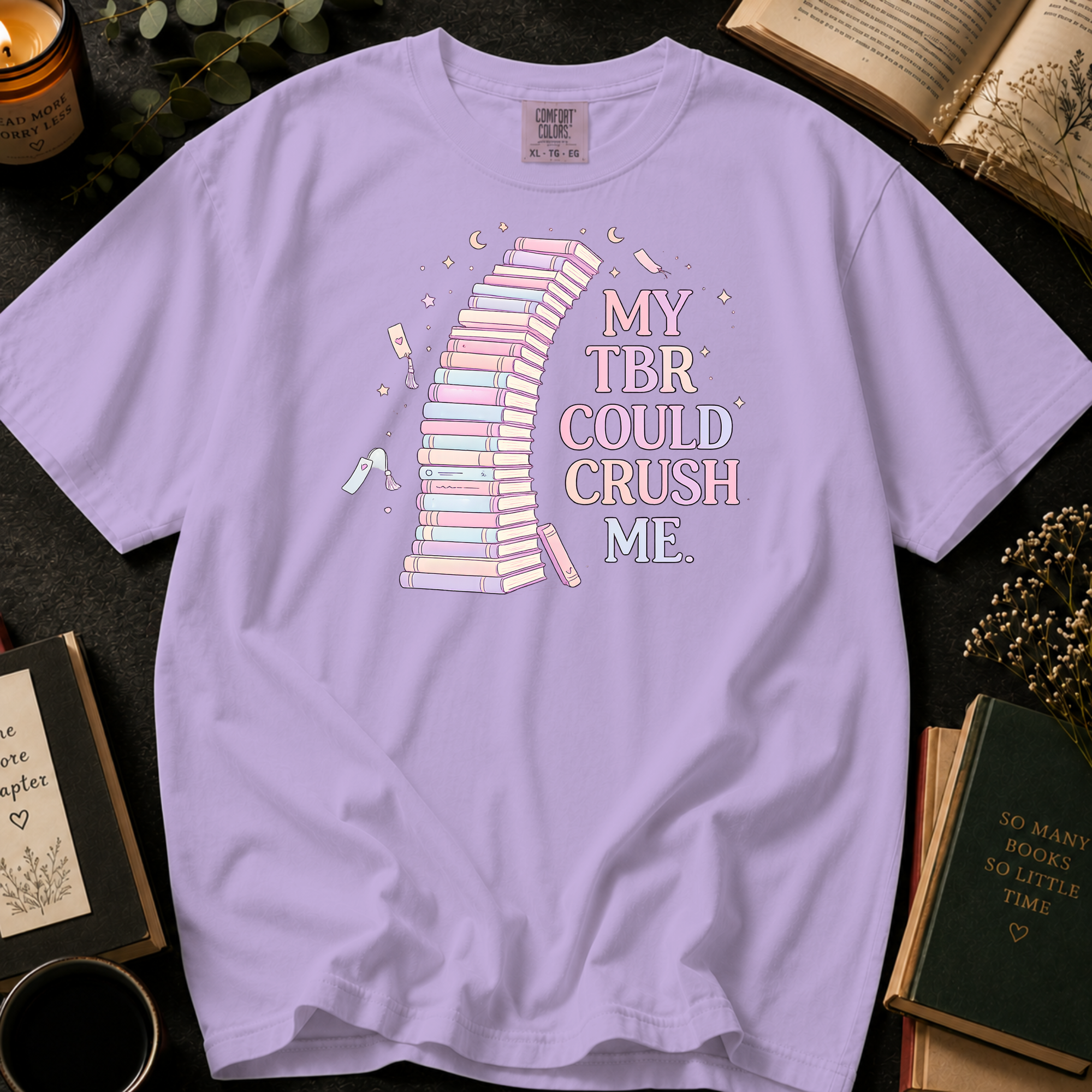 My TBR Could Crush Me T-Shirt: Pastel Leaning Book Tower in Orchid - Comfort Colors® T-Shirt