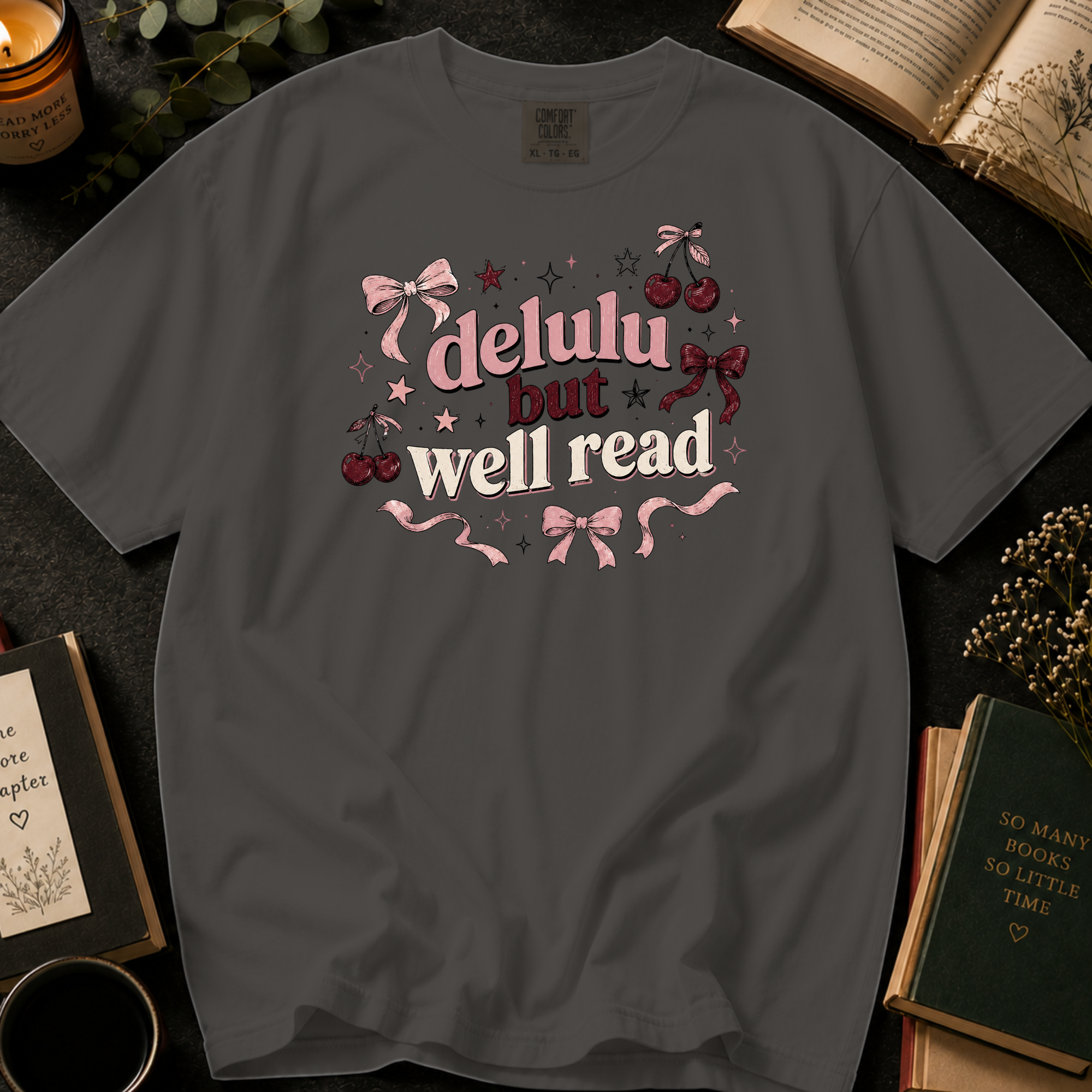 Delulu But Well Read T-Shirt: Retro Cherry and Bow in Pepper - Comfort Colors® T-Shirt
