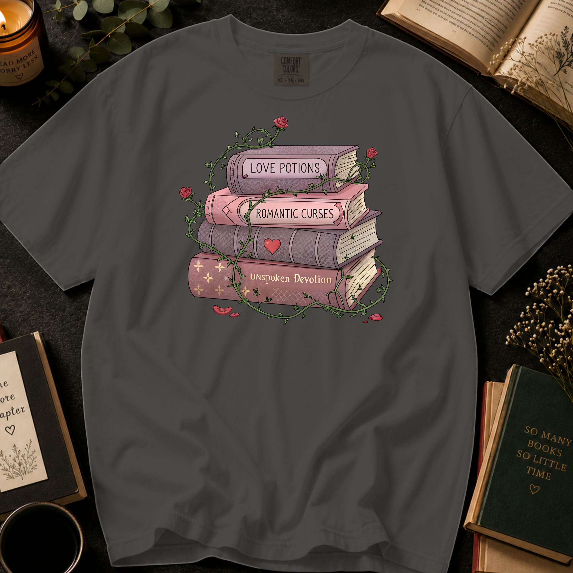 Love Potions and Romantic Curses T-Shirt: Rose Wrapped Book Stack in Pepper - Comfort Colors® T-Shirt