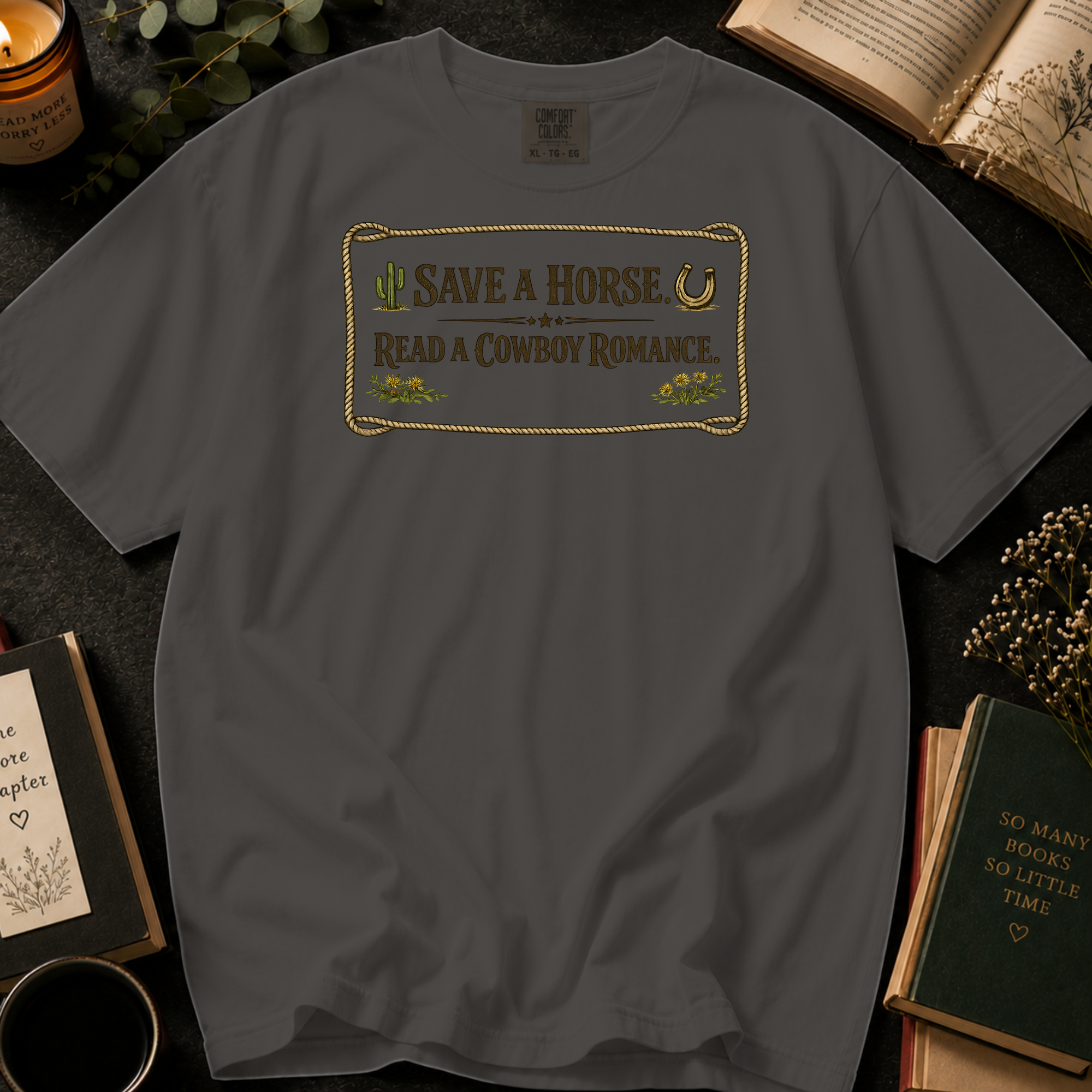 Save A Horse, Read A Cowboy Romance T-Shirt: Western Rope in Pepper - Comfort Colors® T-Shirt