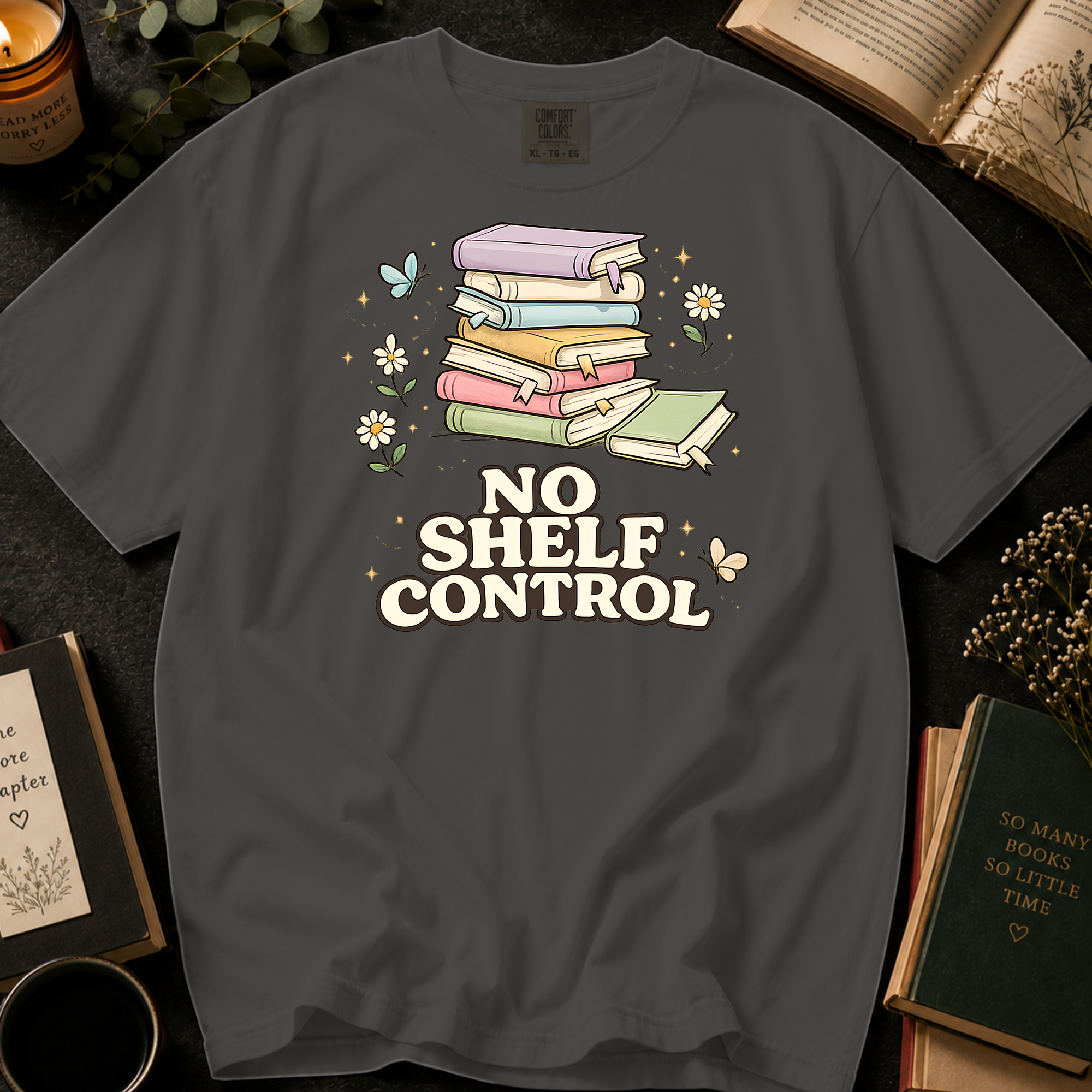 No Shelf Control T-Shirt: Pastel Book Stack in Pepper - Comfort Colors® T-Shirt