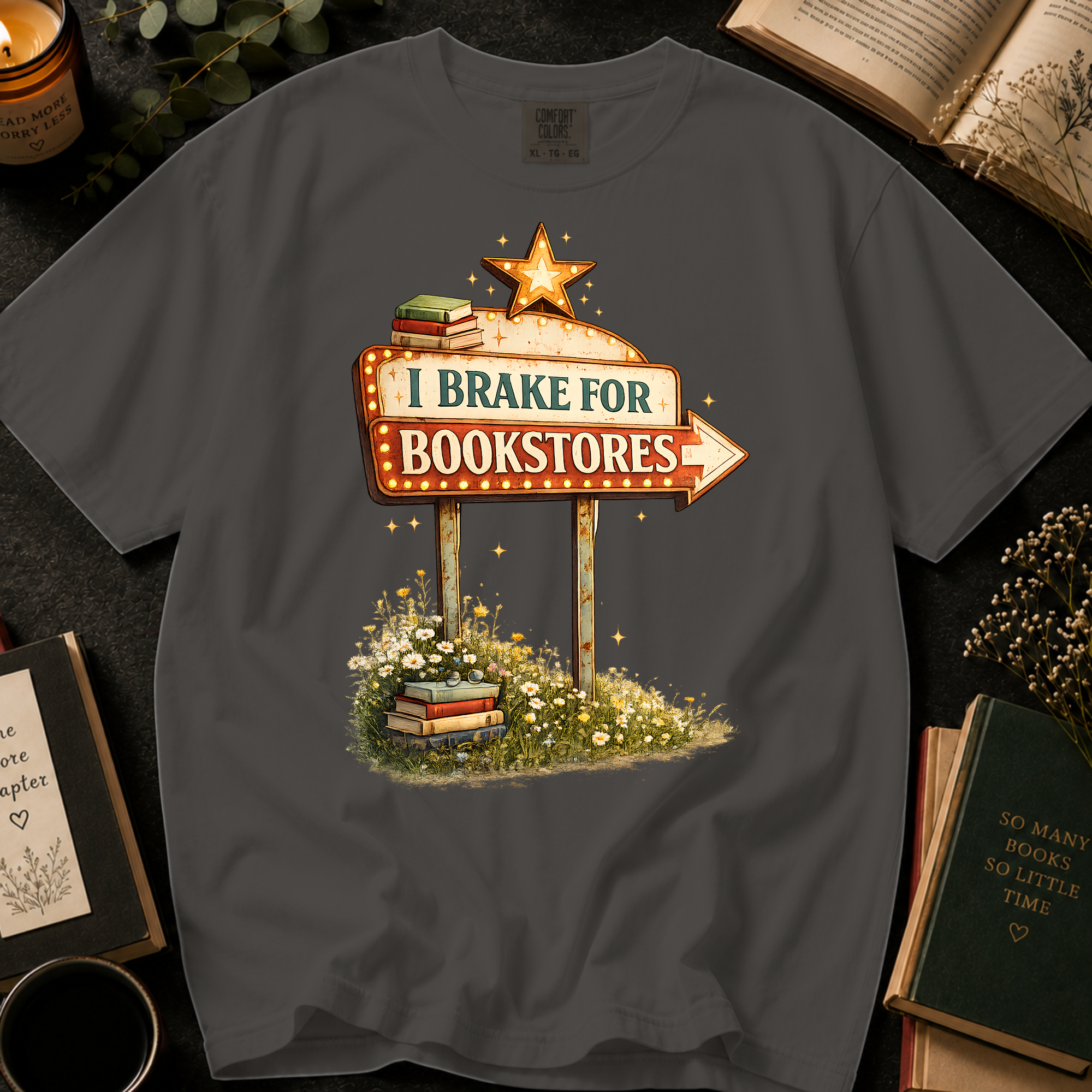I Brake for Bookstores T-Shirt: Vintage Marquee Sign in Pepper - Comfort Colors® T-Shirt