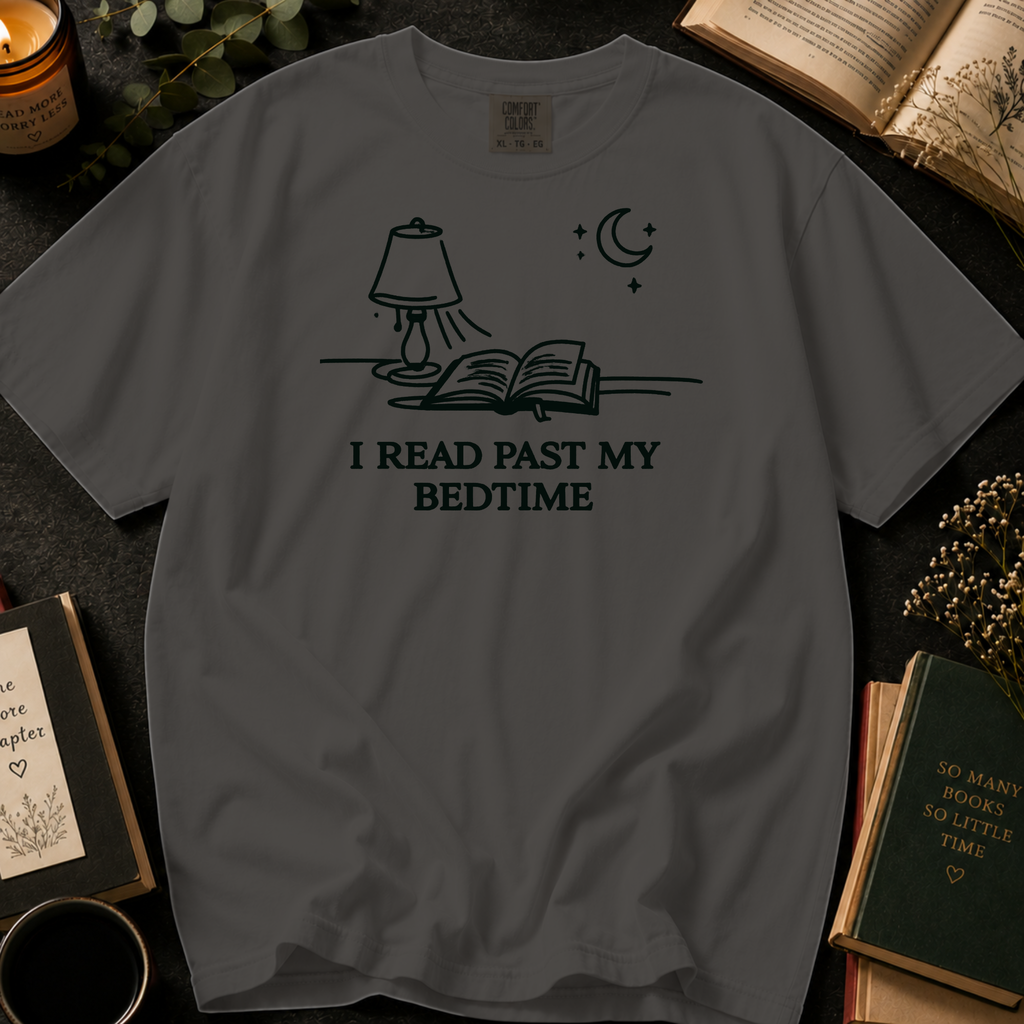 I Read Past My Bedtime T-Shirt: Nightstand Lamp and Book in Pepper - Comfort Colors® T-Shirt