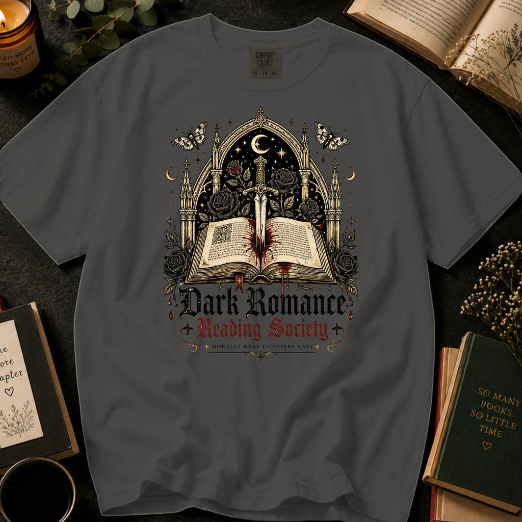 Dark Romance Reading Society T-Shirt: Gothic Dagger and Book in Pepper - Comfort Colors® T-Shirt