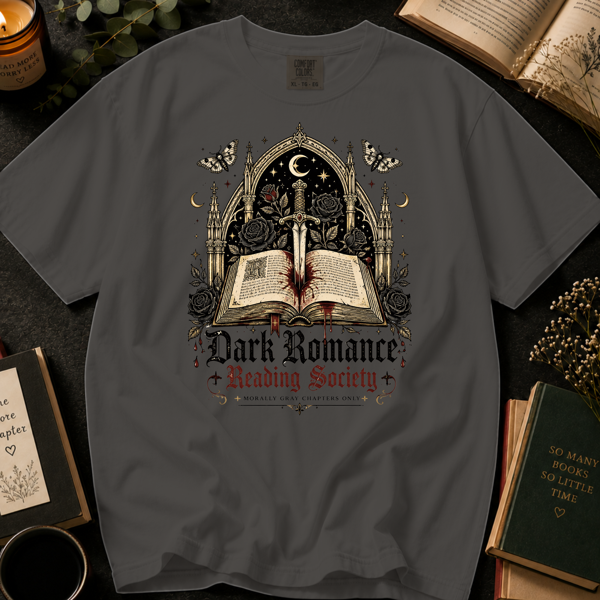 Dark Romance Reading Society T-Shirt: Gothic Dagger and Book in Pepper - Comfort Colors® T-Shirt
