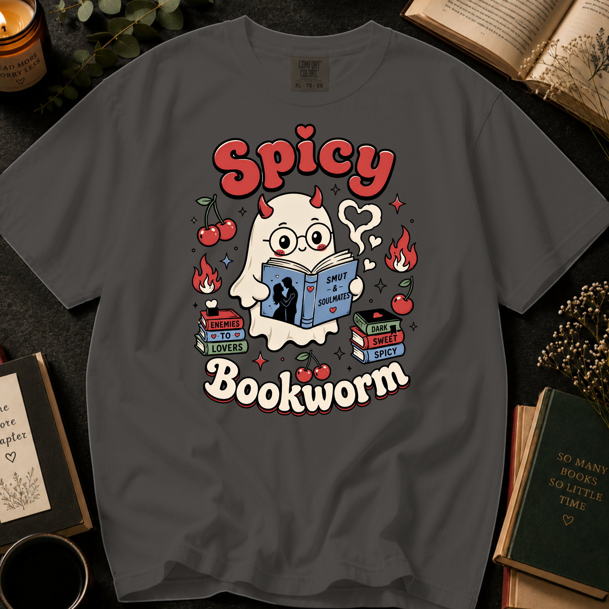 Spicy Bookworm T-Shirt: Cute Devil Ghost Reading in Pepper - Comfort Colors® T-Shirt