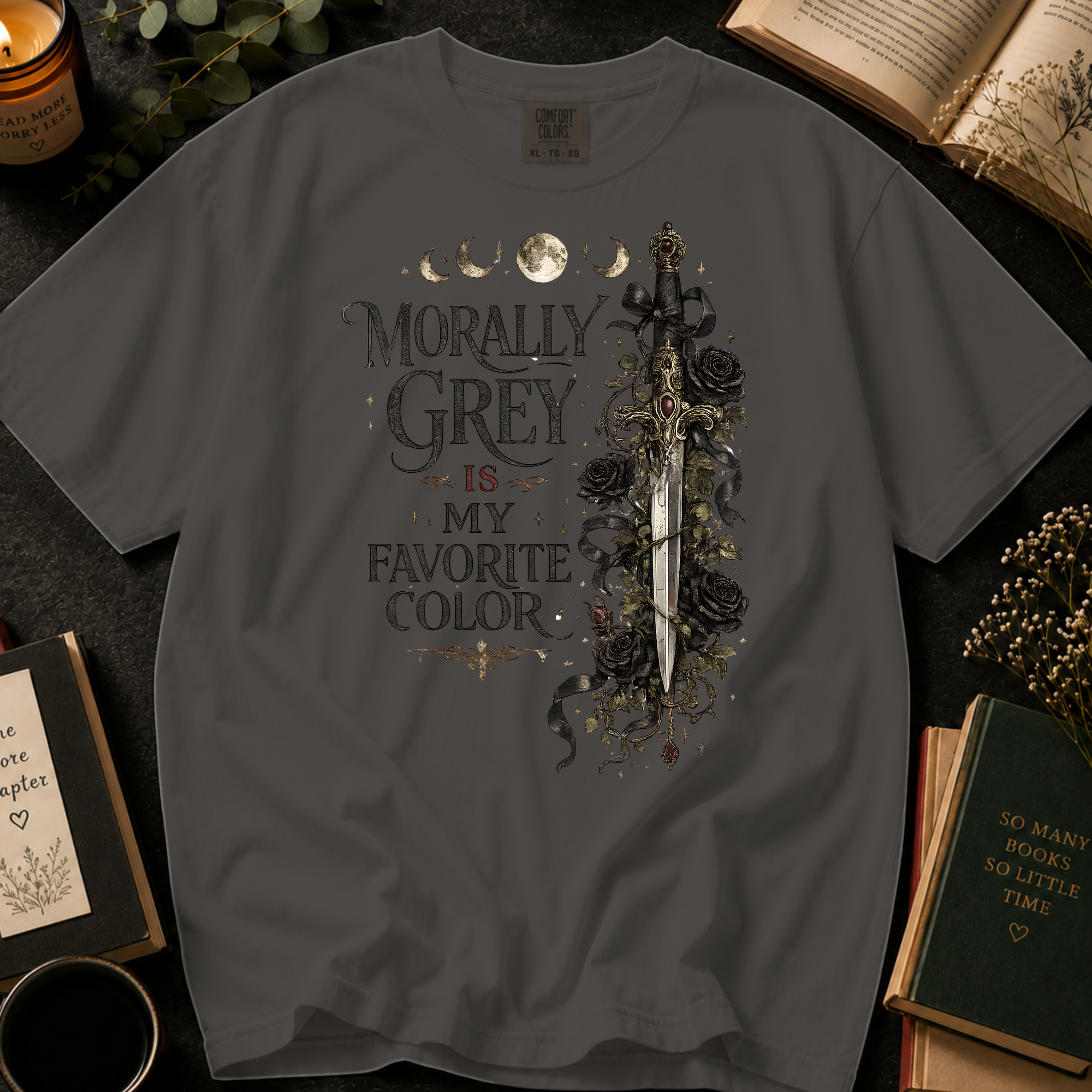 Morally Grey Is My Favorite Color T-Shirt: Gothic Dagger and Roses in Pepper - Comfort Colors® T-Shirt