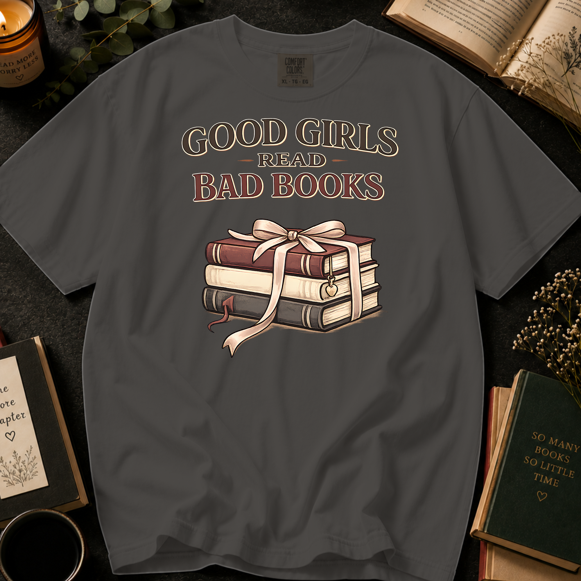 Good Girls Read Bad Books T-Shirt: Ribbon Tied Stack in Pepper - Comfort Colors® T-Shirt