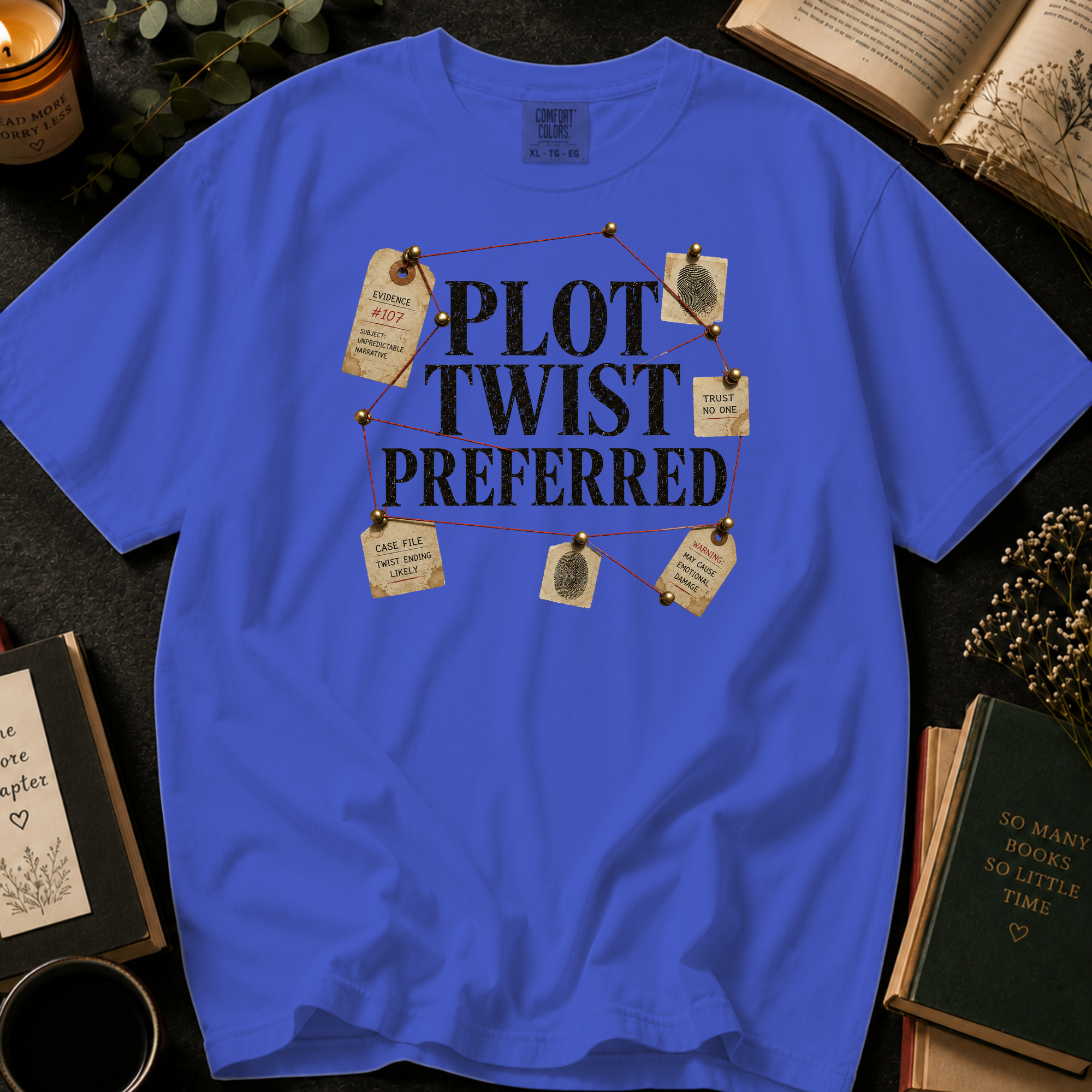 Plot Twist Preferred T-Shirt: Detective Evidence Board in Periwinkle - Comfort Colors® T-Shirt