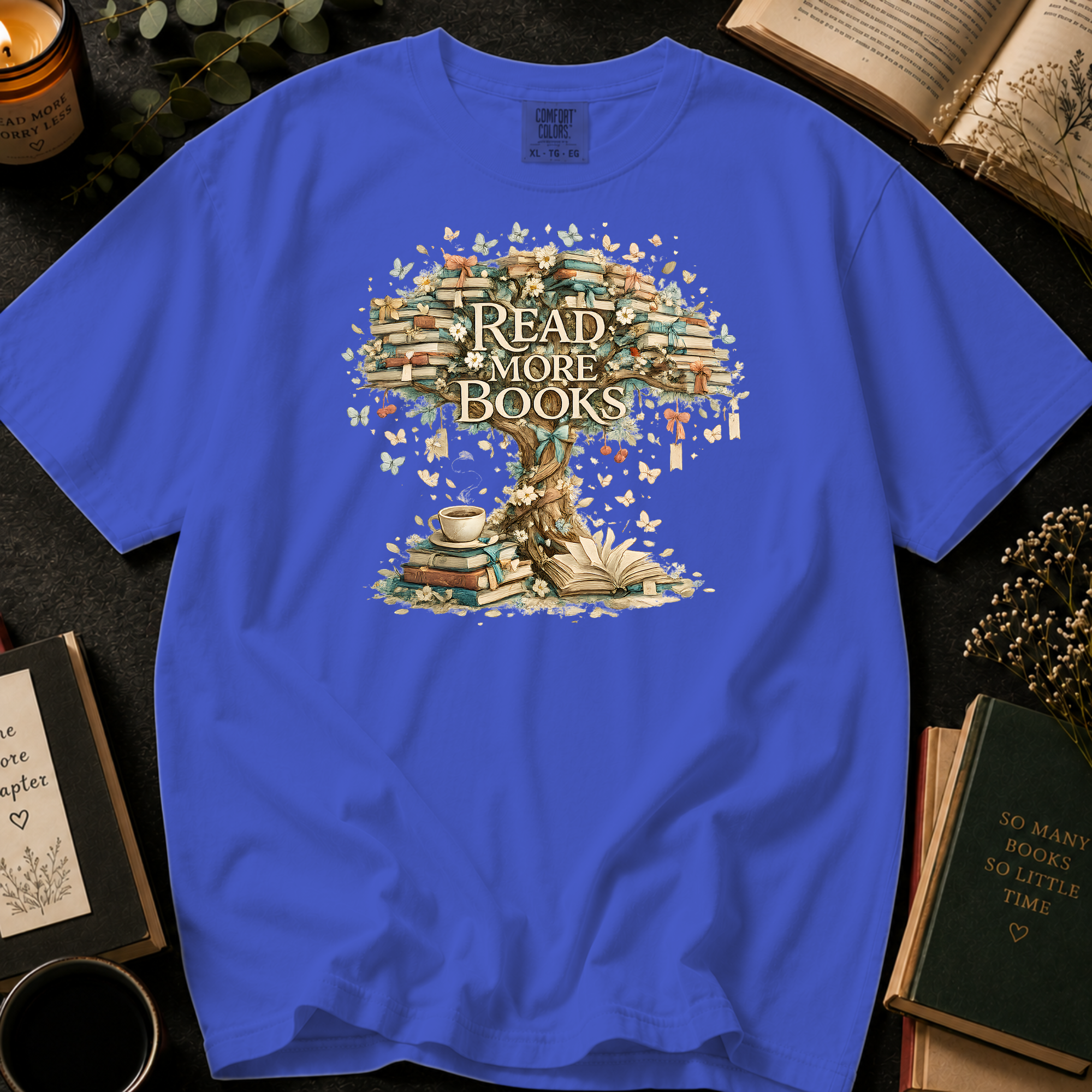 Read More Books T-Shirt: Vintage Book Tree in Periwinkle - Comfort Colors® T-Shirt