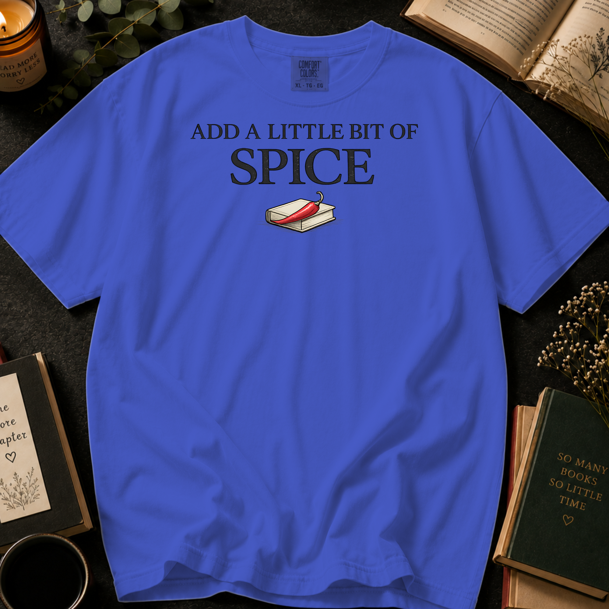 Add A Little Bit Of Spice T-Shirt: Chili and Book Minimalist in Periwinkle - Comfort Colors® T-Shirt