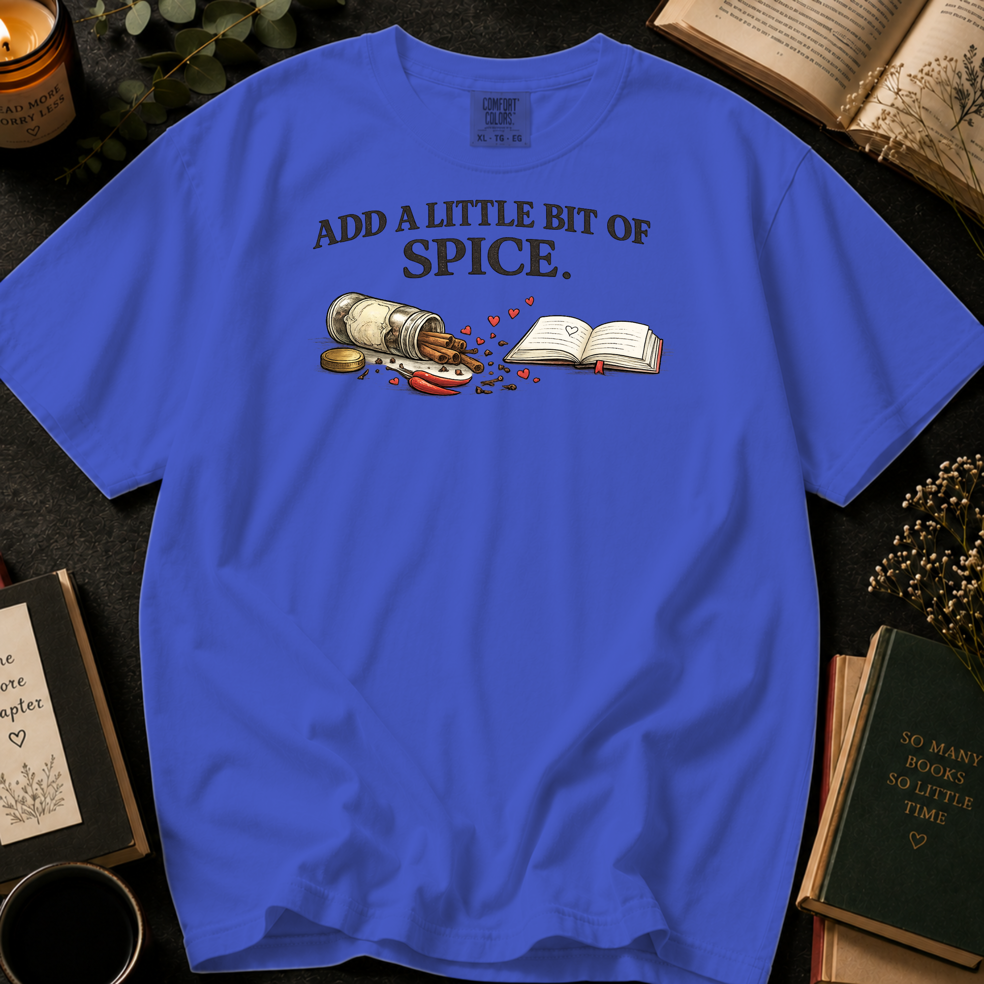 Add A Little Bit Of Spice T-Shirt: Cinnamon and Chili Book in Periwinkle - Comfort Colors® T-Shirt