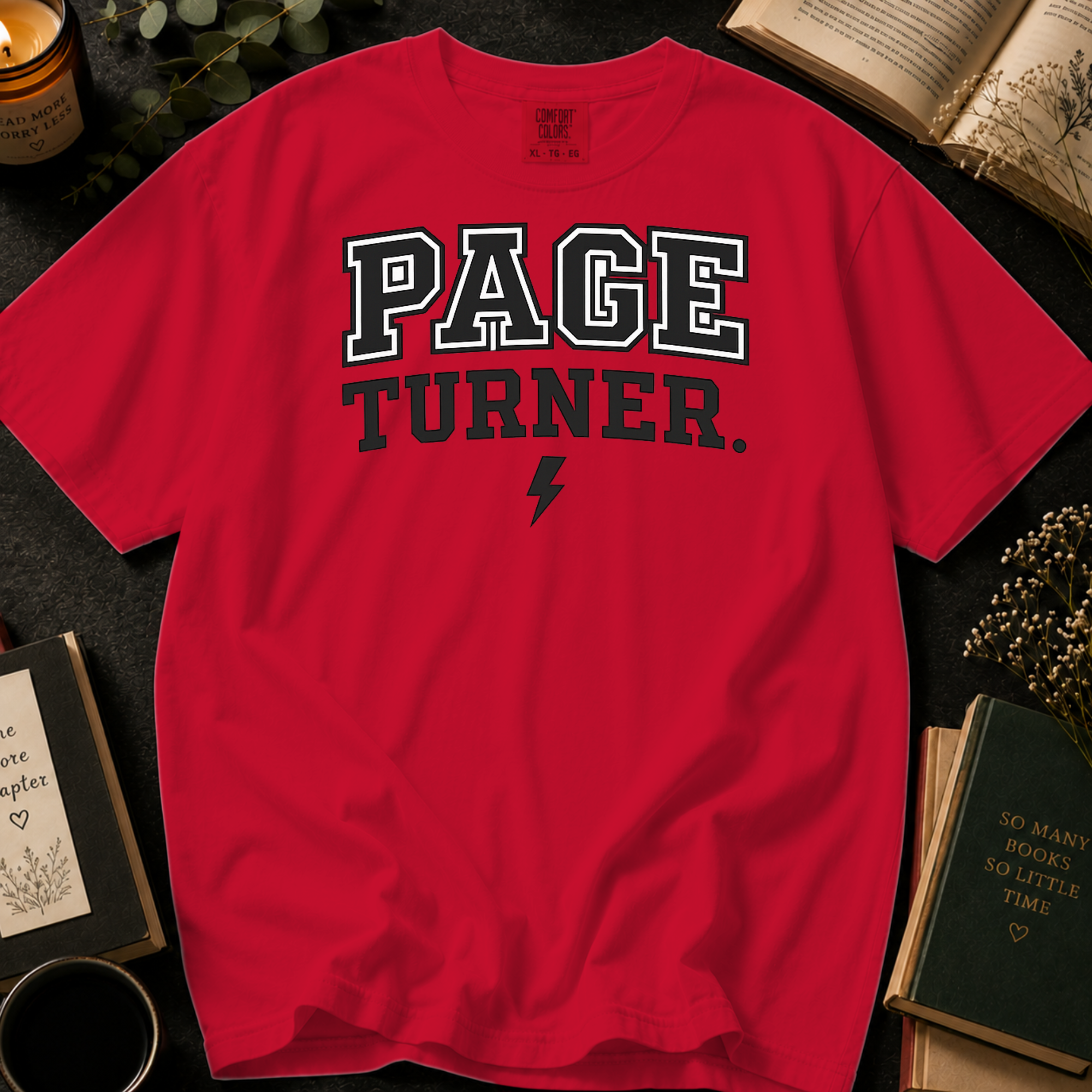Page Turner T-Shirt: Varsity Style Book Lover in Red - Comfort Colors® T-Shirt
