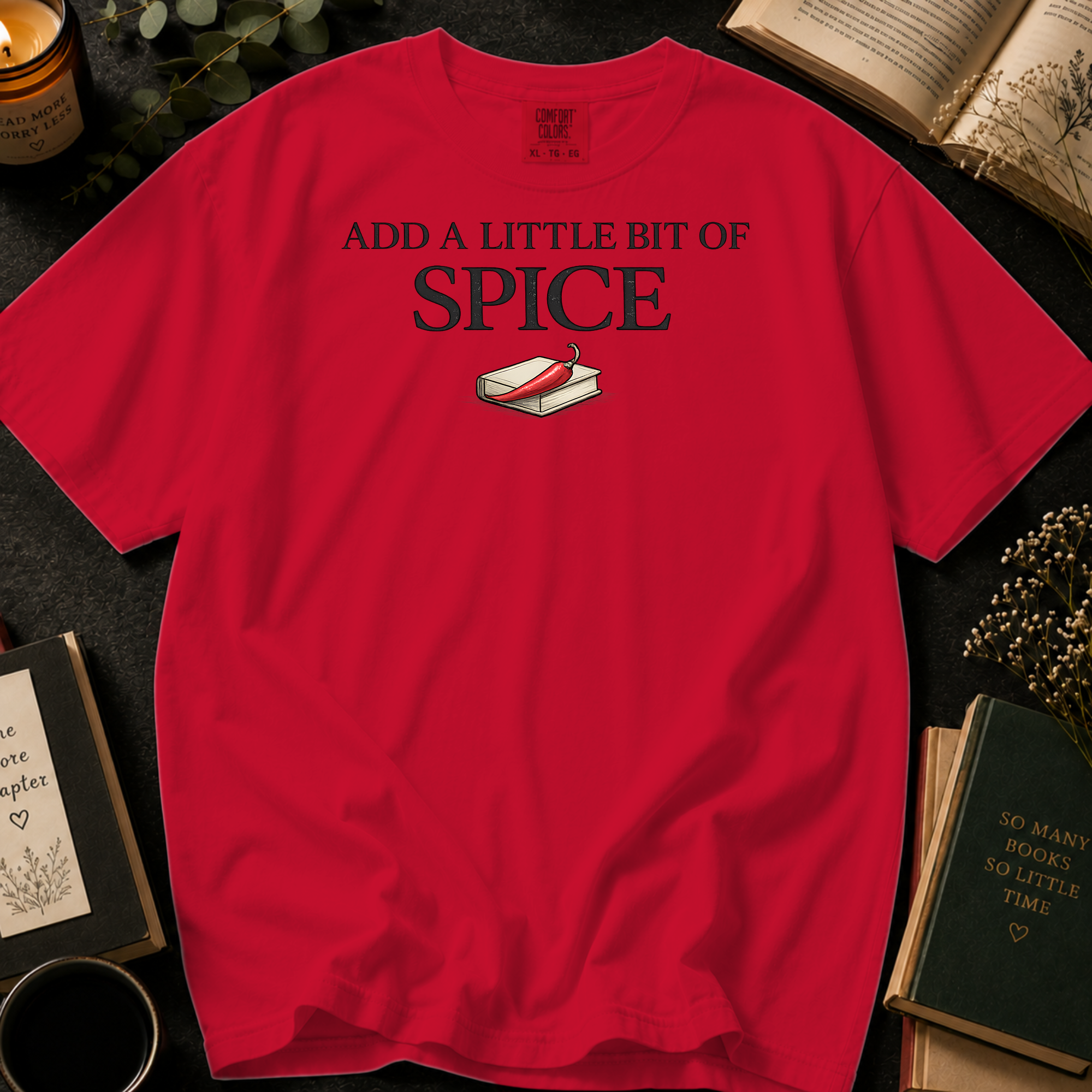 Add A Little Bit Of Spice T-Shirt: Chili and Book Minimalist in Red - Comfort Colors® T-Shirt
