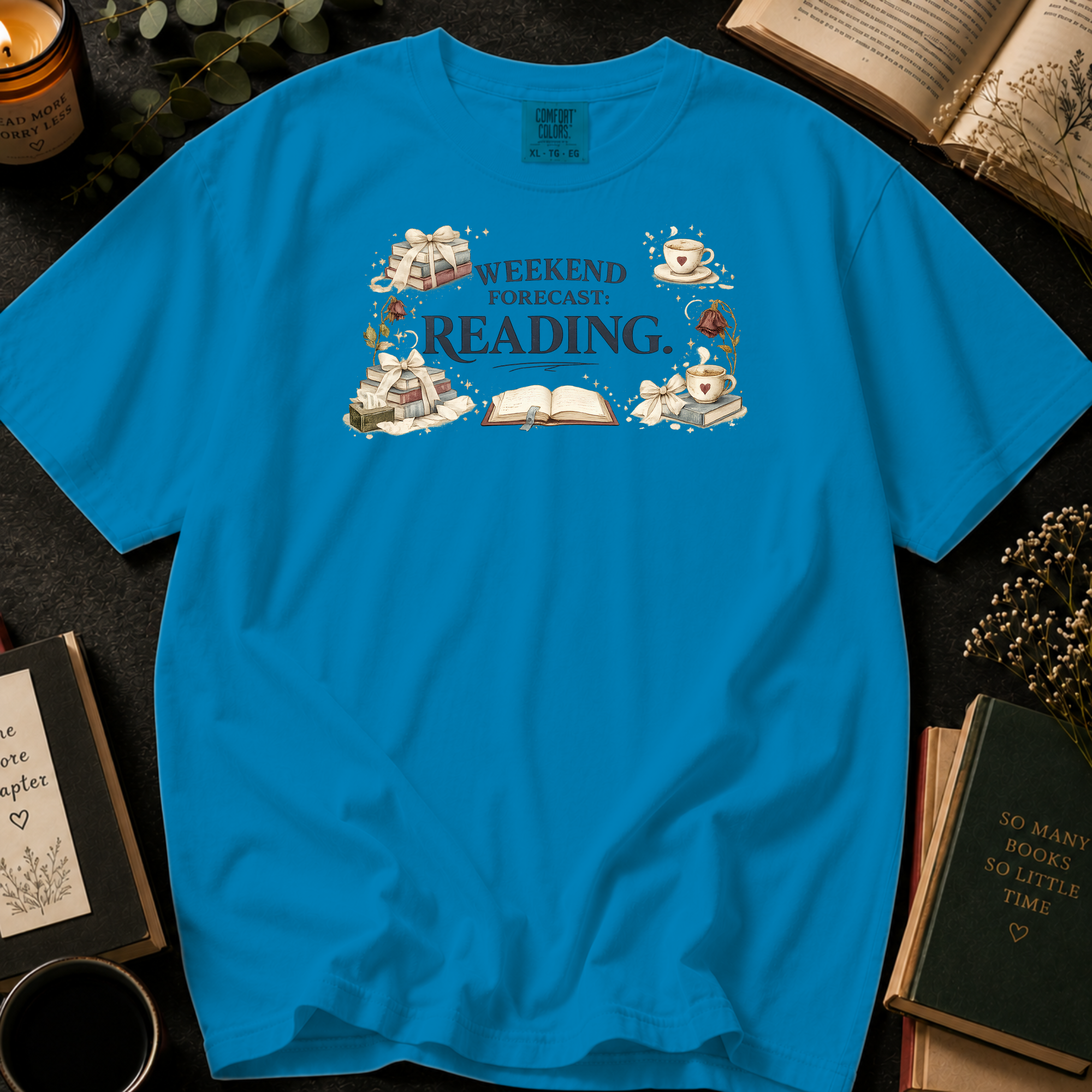 Weekend Forecast Reading T-Shirt: Book Lover in Royal Caribe - Comfort Colors® T-Shirt