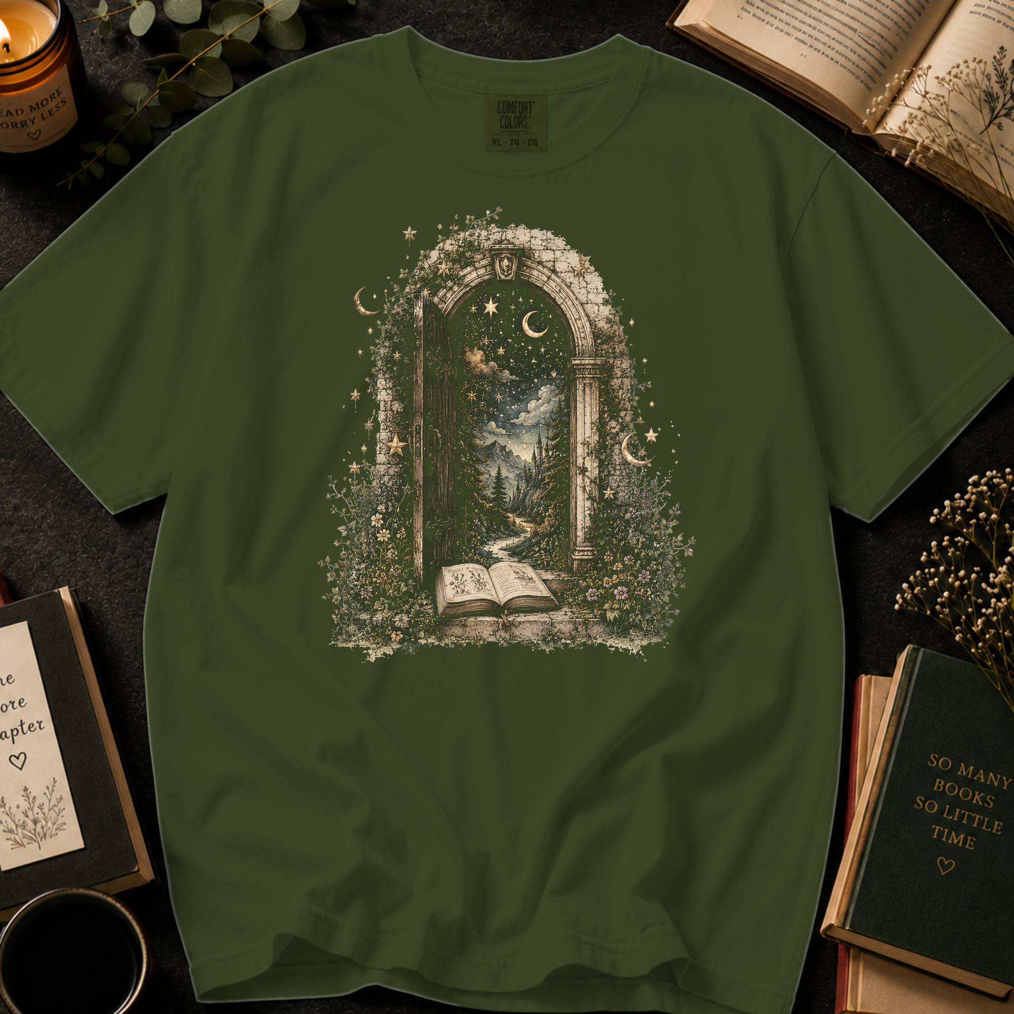 Through the Pages T-Shirt: Enchanted Archway Book Portal in Sage - Comfort Colors® T-Shirt
