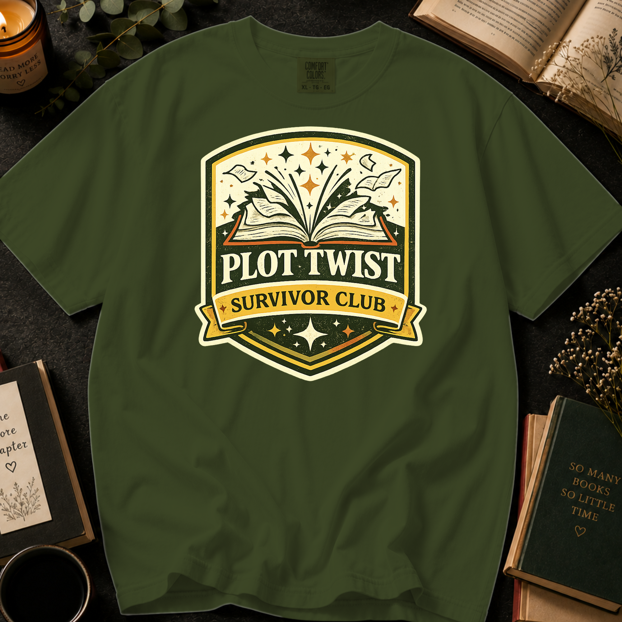 Plot Twist Survivor Club T-Shirt: Vintage Badge Book Lover in Sage - Comfort Colors® T-Shirt
