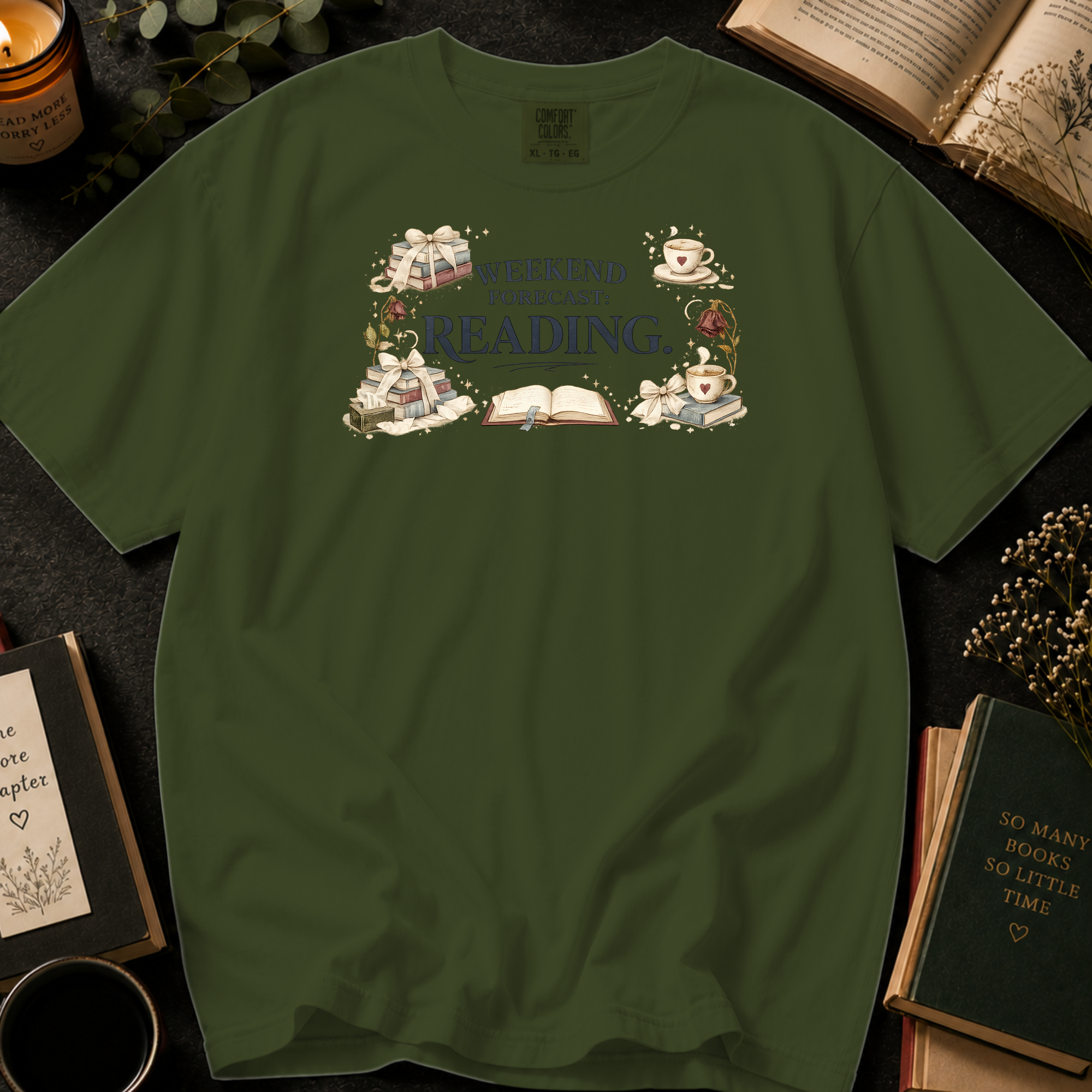 Weekend Forecast Reading T-Shirt: Book Lover in Sage - Comfort Colors® T-Shirt