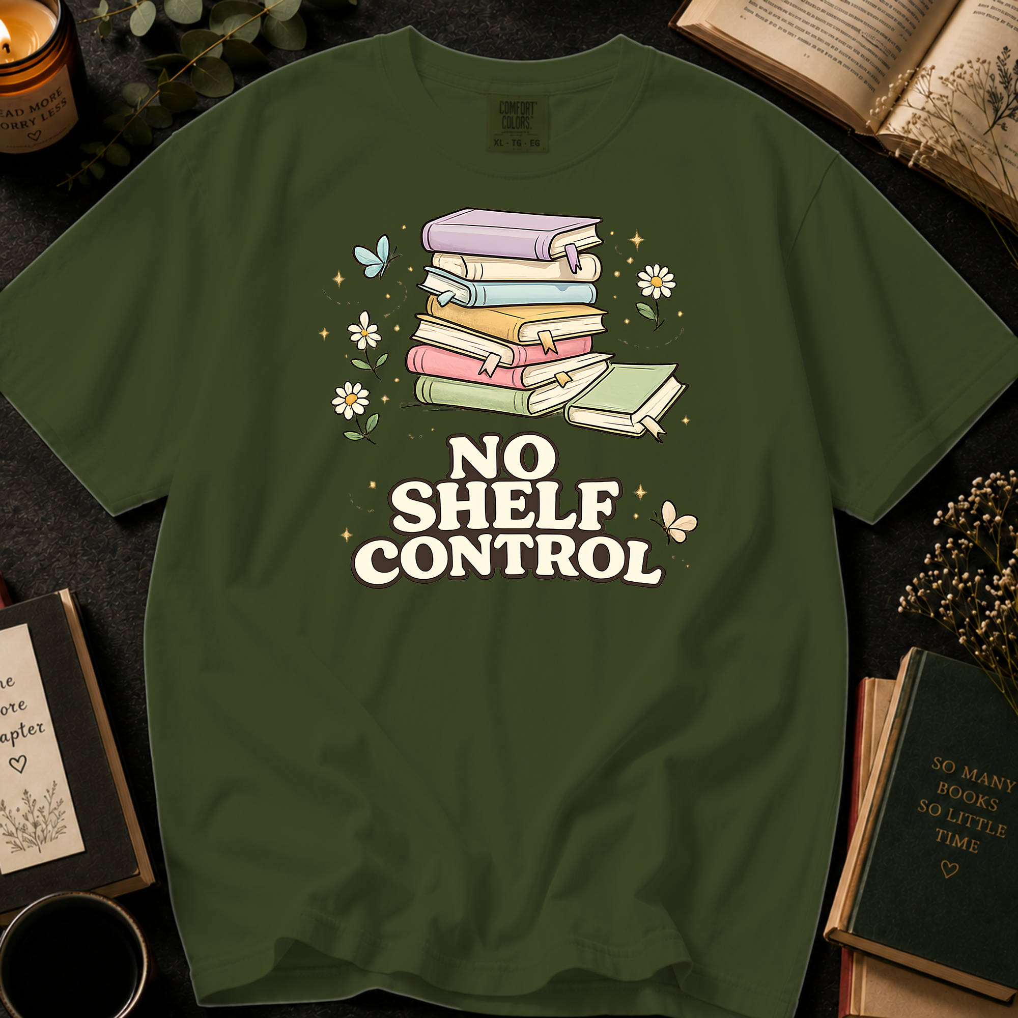 No Shelf Control T-Shirt: Pastel Book Stack in Sage - Comfort Colors® T-Shirt