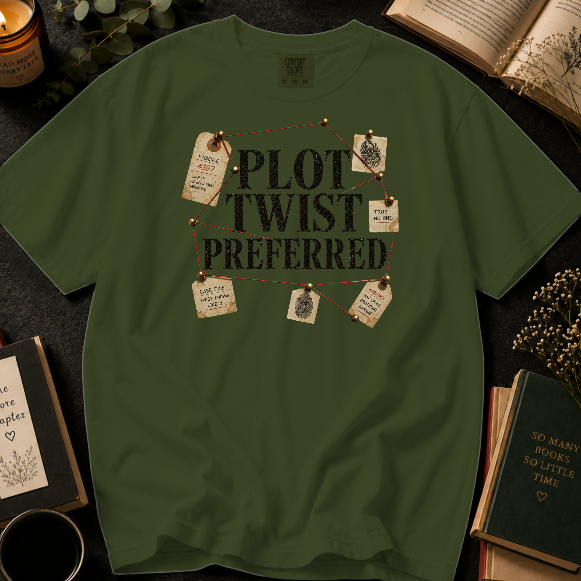 Plot Twist Preferred T-Shirt: Detective Evidence Board in Sage - Comfort Colors® T-Shirt