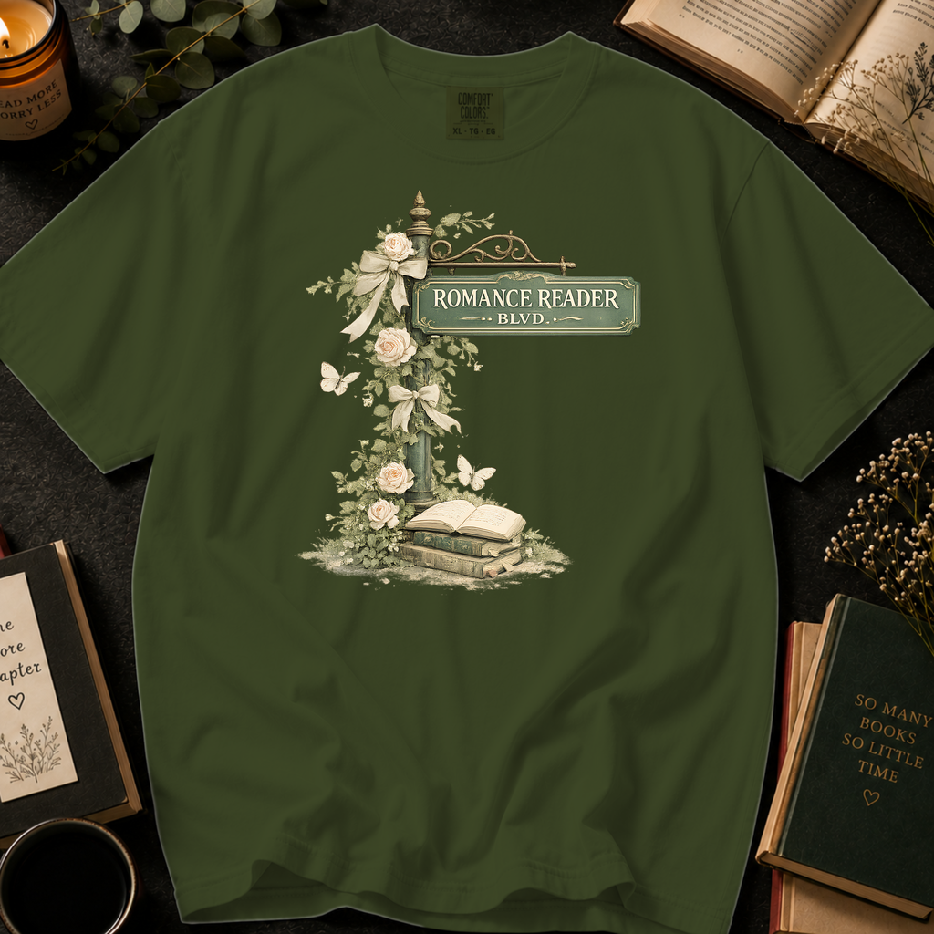 Romance Reader Blvd T-Shirt: Vintage Street Sign Floral in Sage - Comfort Colors® T-Shirt