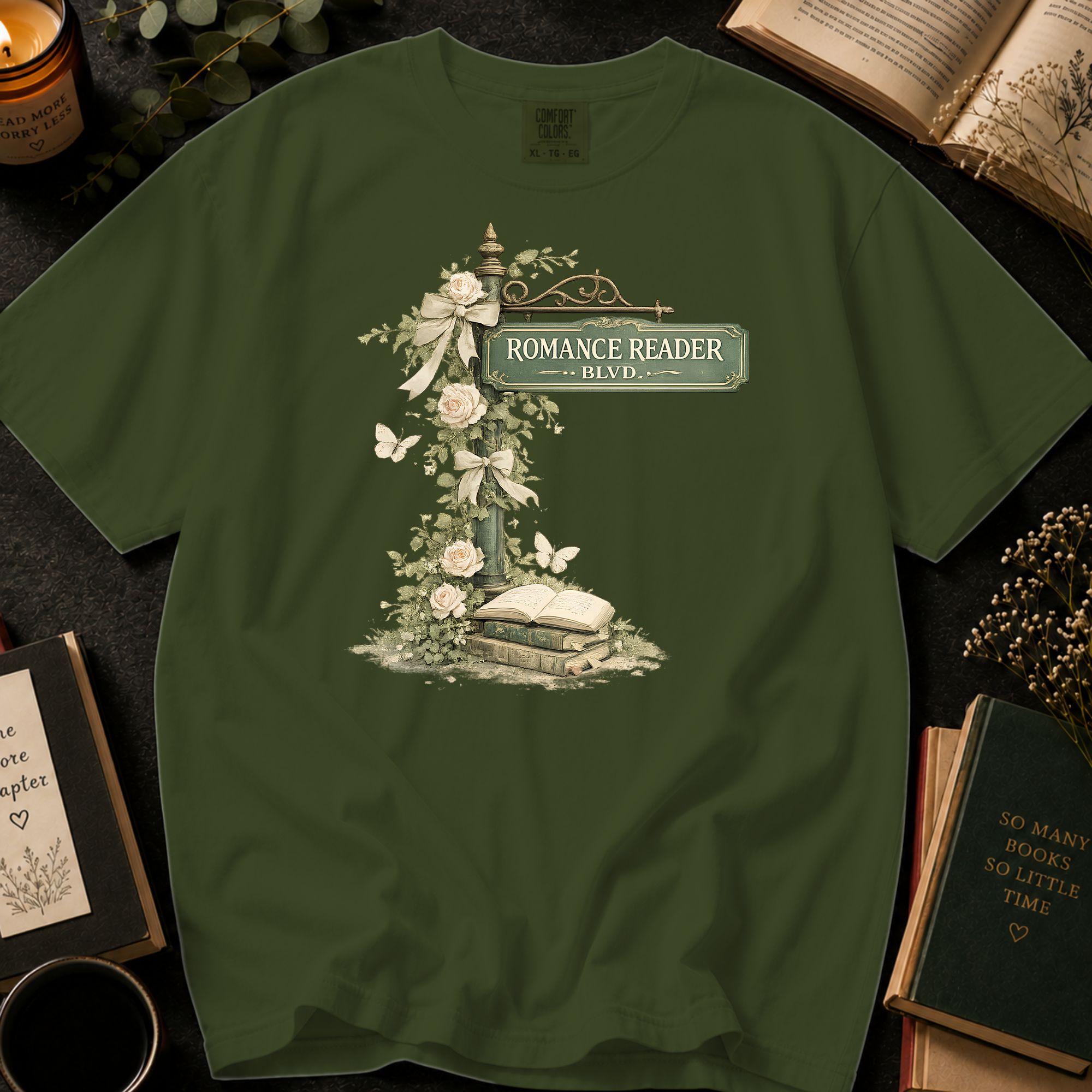 Romance Reader Blvd T-Shirt: Vintage Street Sign Floral in Sage - Comfort Colors® T-Shirt