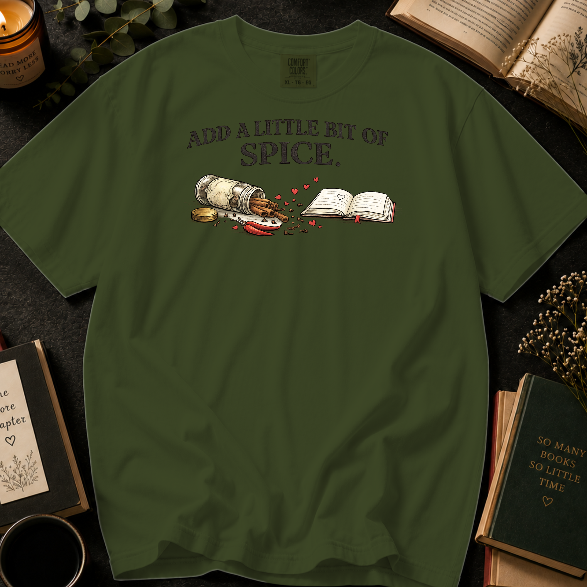 Add A Little Bit Of Spice T-Shirt: Cinnamon and Chili Book in Sage - Comfort Colors® T-Shirt