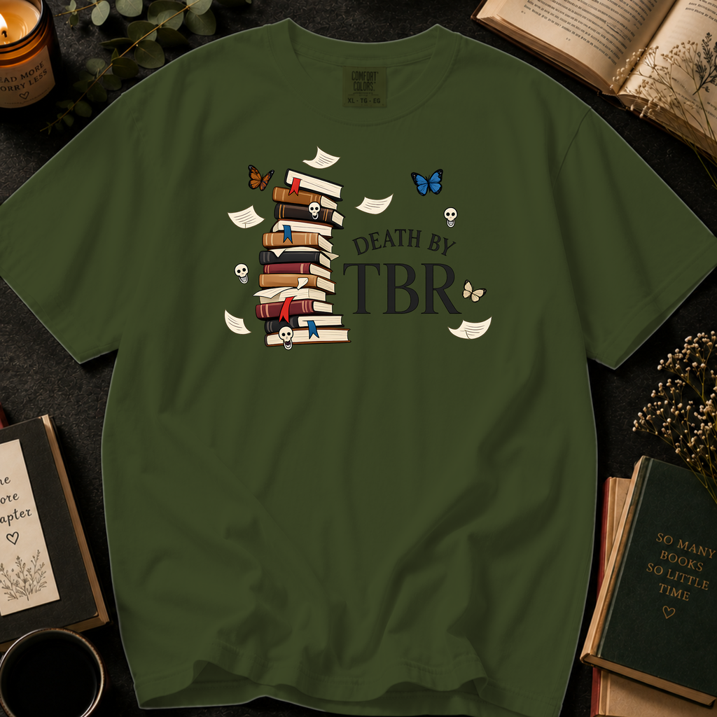 Death By TBR T-Shirt: Gothic Book Stack in Sage - Comfort Colors® T-Shirt