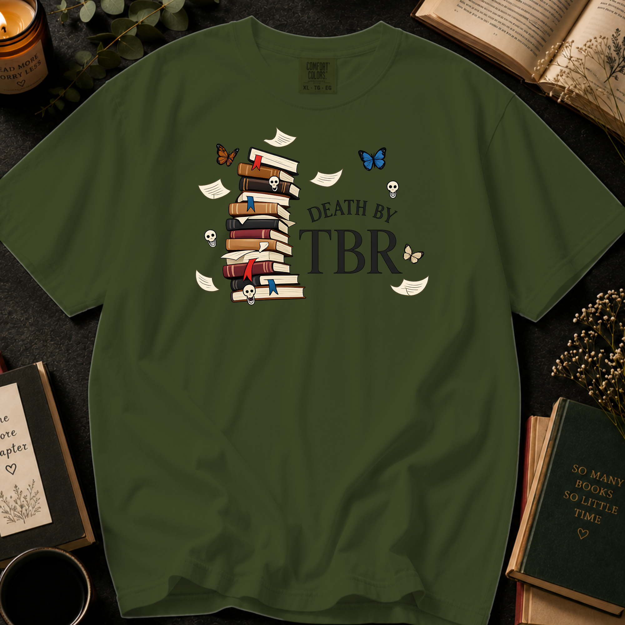 Death By TBR T-Shirt: Gothic Book Stack in Sage - Comfort Colors® T-Shirt