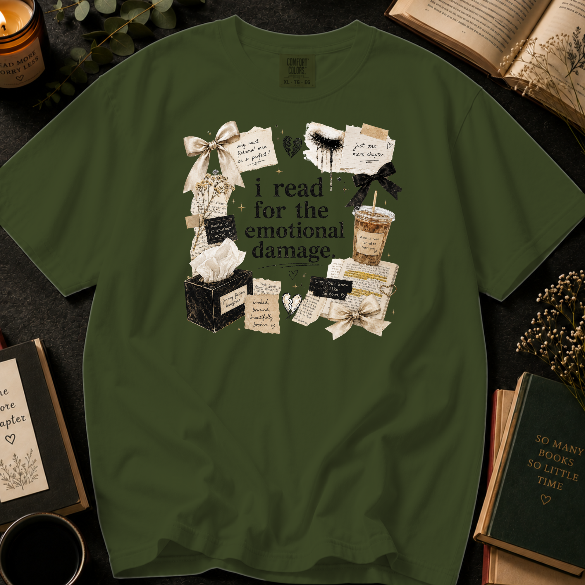 I Read For The Emotional Damage T-Shirt: Book Lover Collage in Sage - Comfort Colors® T-Shirt