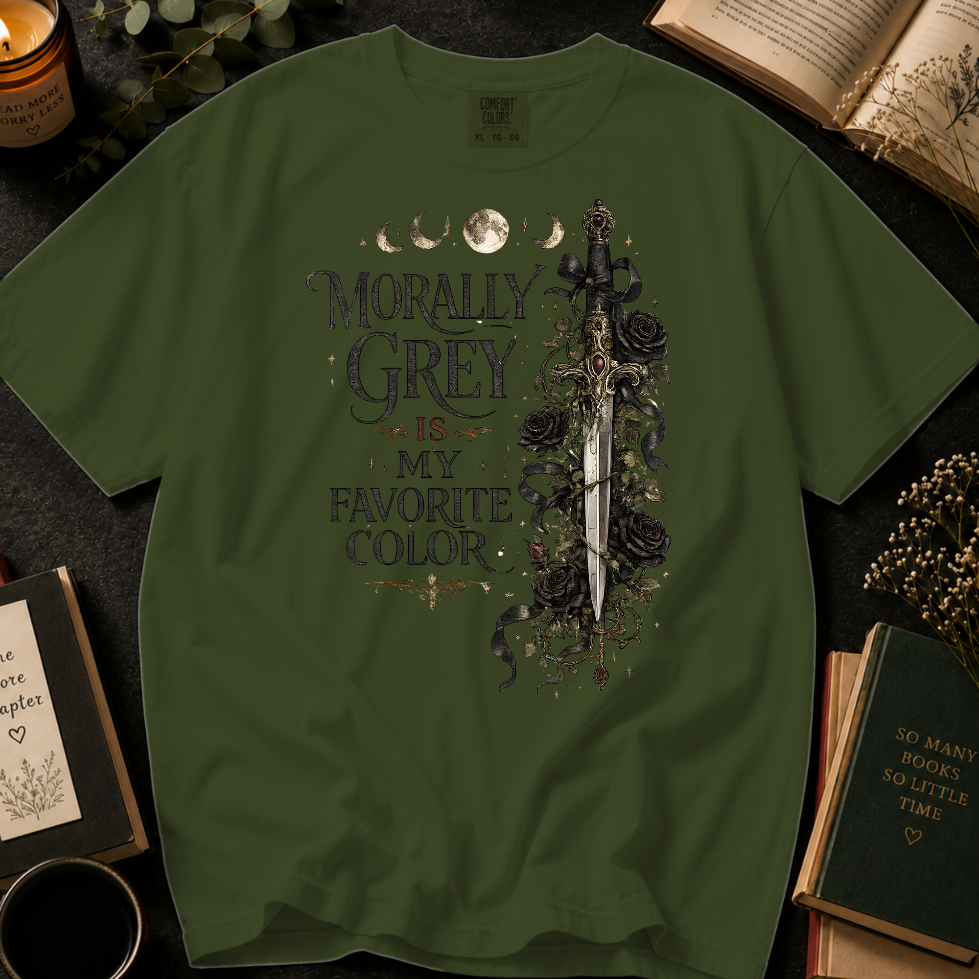 Morally Grey Is My Favorite Color T-Shirt: Gothic Dagger and Roses in Sage - Comfort Colors® T-Shirt
