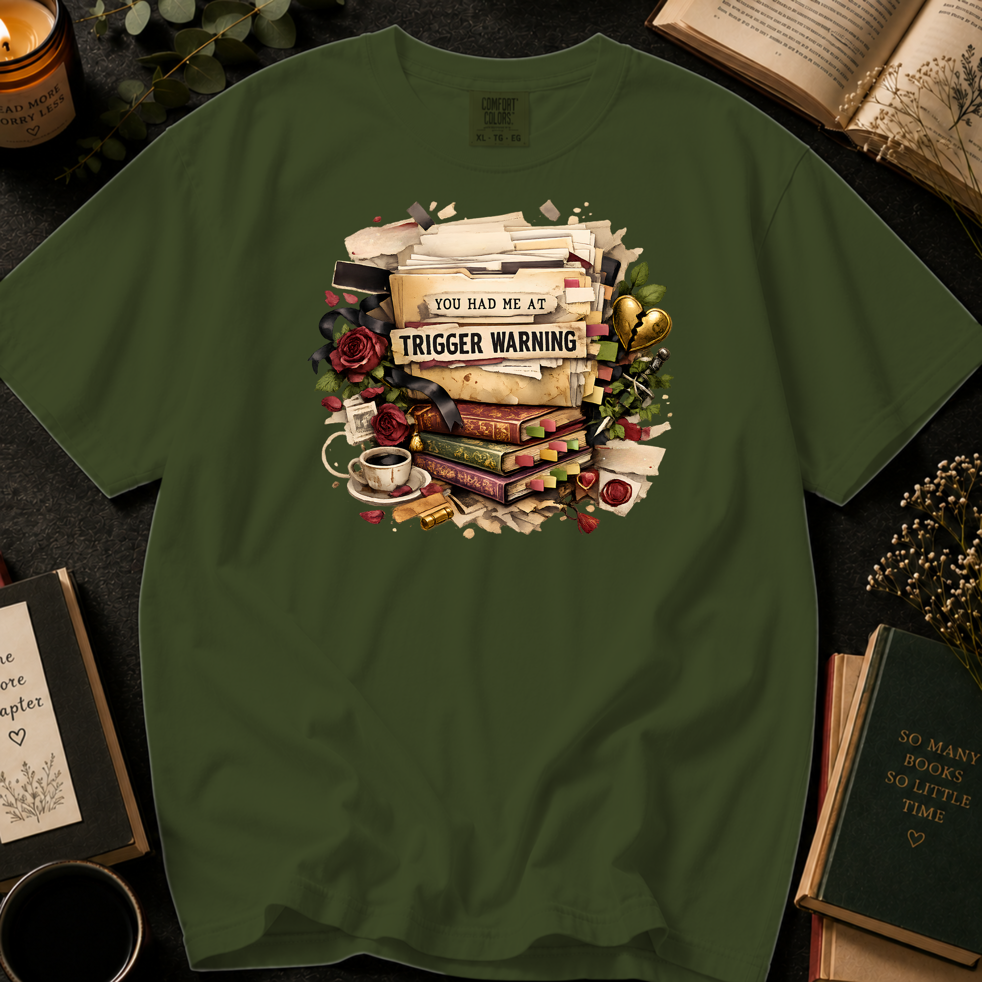 You Had Me At Trigger Warning T-Shirt: Vintage Book Stack in Sage - Comfort Colors® T-Shirt
