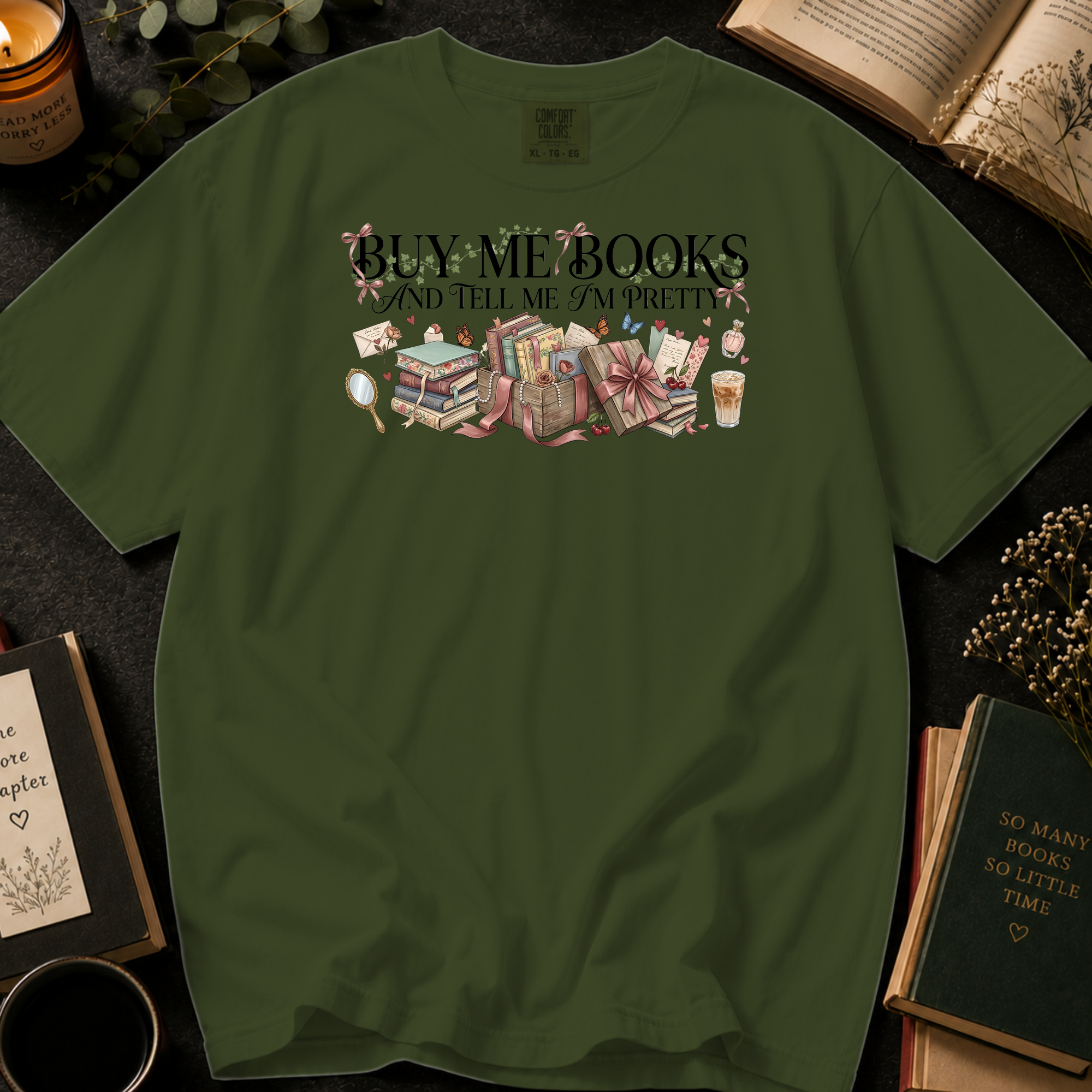 Buy Me Books and Tell Me I'm Pretty T-Shirt: Vintage Vanity and Gift Box in Sage - Comfort Colors® T-Shirt