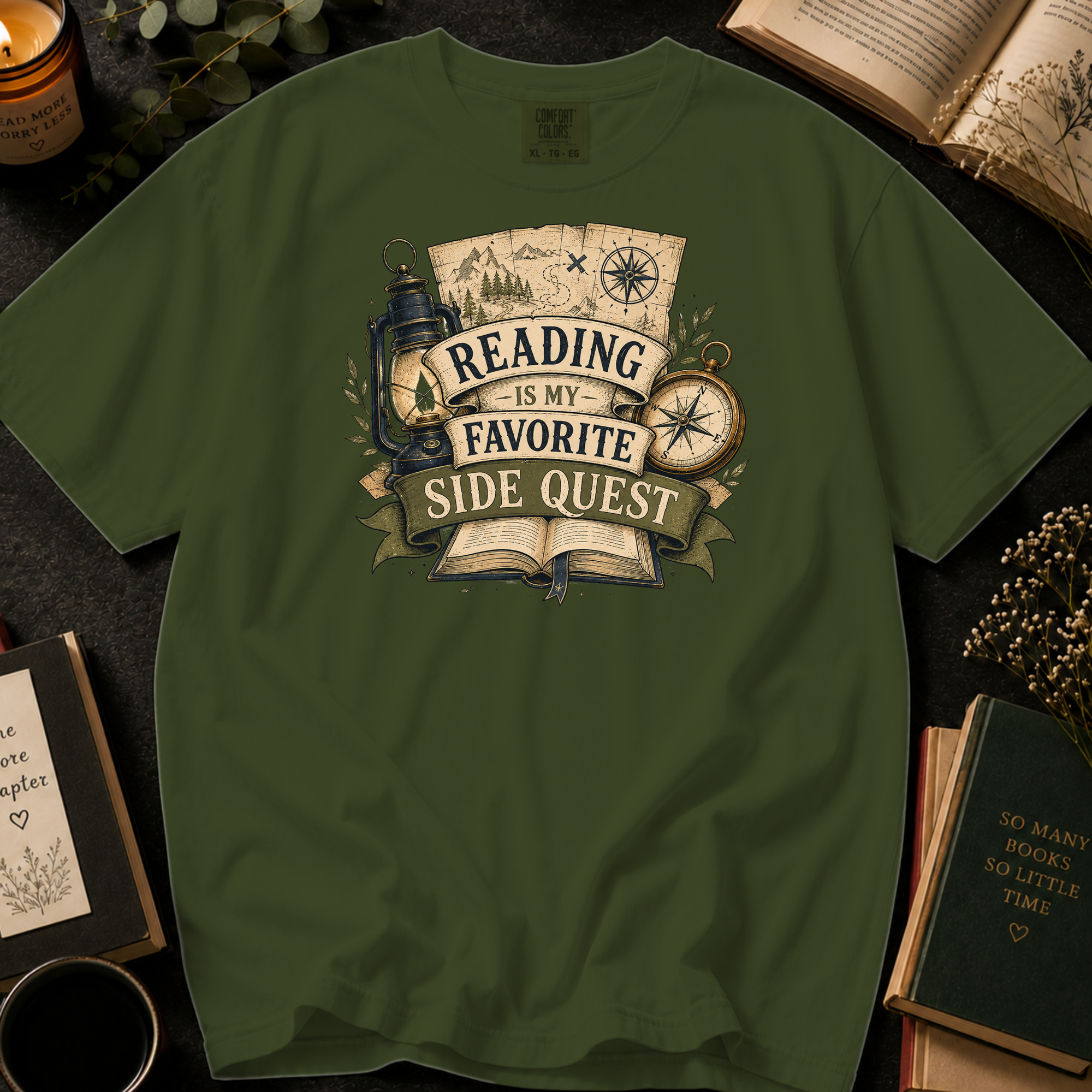 Reading Is My Favorite Side Quest T-Shirt: Vintage Map and Compass in Sage - Comfort Colors® T-Shirt