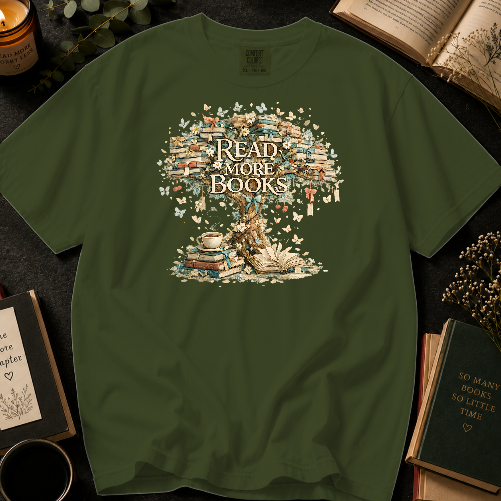 Read More Books T-Shirt: Vintage Book Tree in Sage - Comfort Colors® T-Shirt