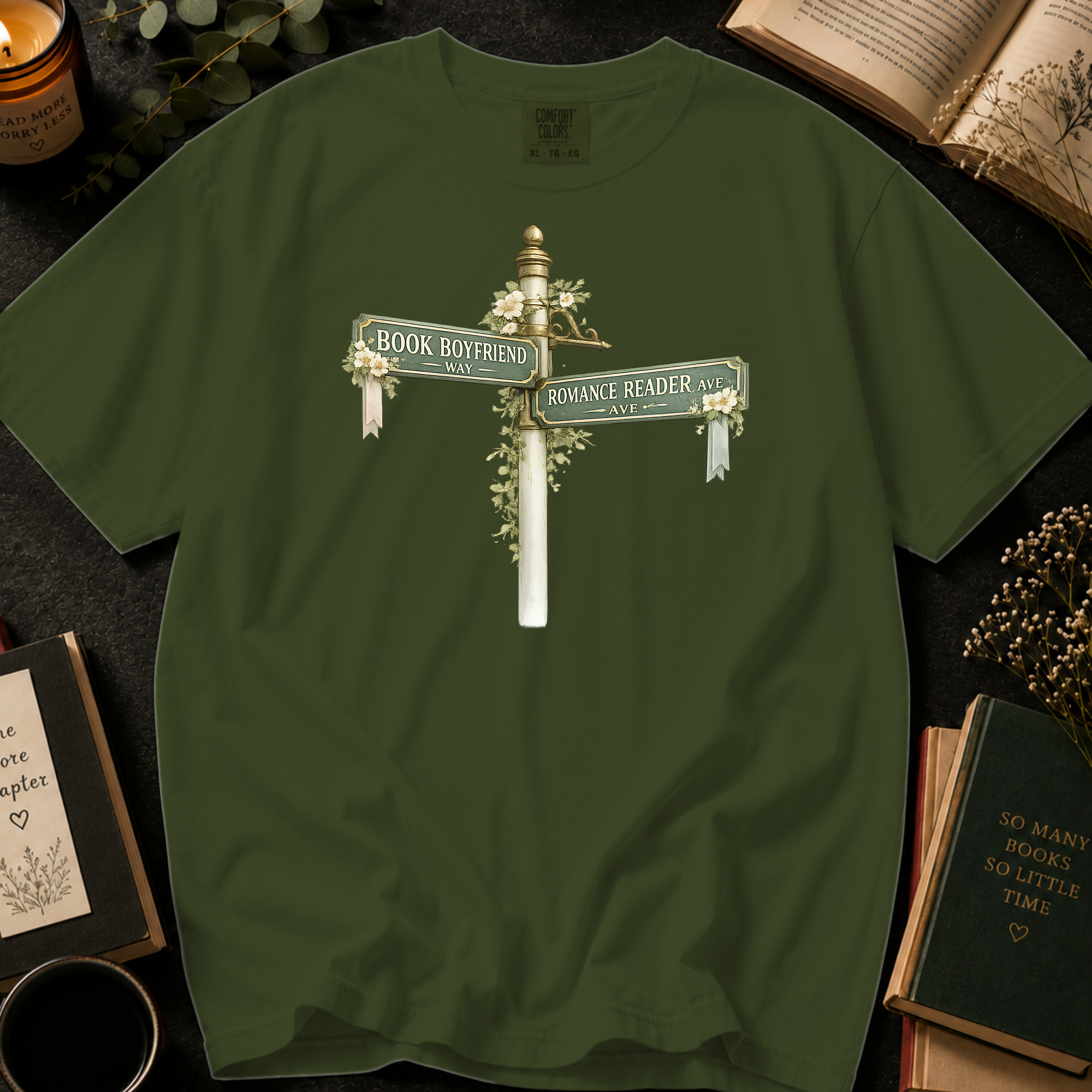 Book Boyfriend Way and Romance Reader Ave T-Shirt: Vintage Street Sign in Sage - Comfort Colors® T-Shirt