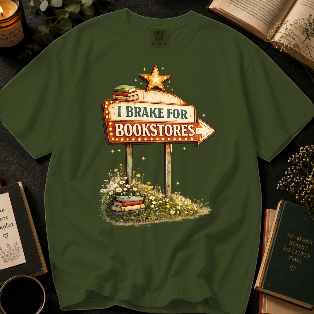 I Brake for Bookstores T-Shirt: Vintage Marquee Sign in Sage - Comfort Colors® T-Shirt